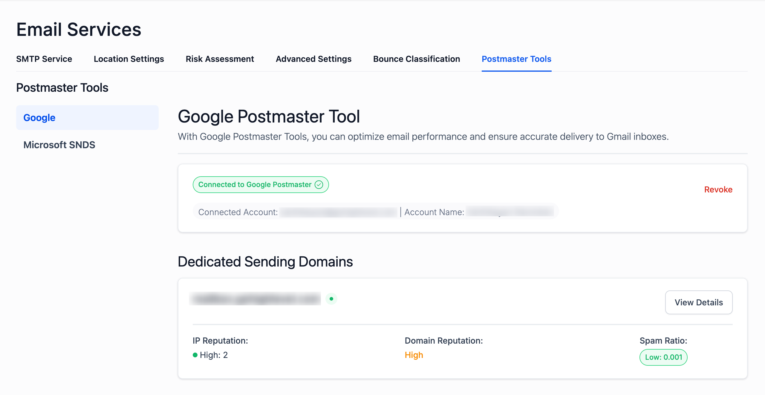 Google Postmaster Tools – Connected dashboard showing Postmaster metrics for your dedicated sending domains