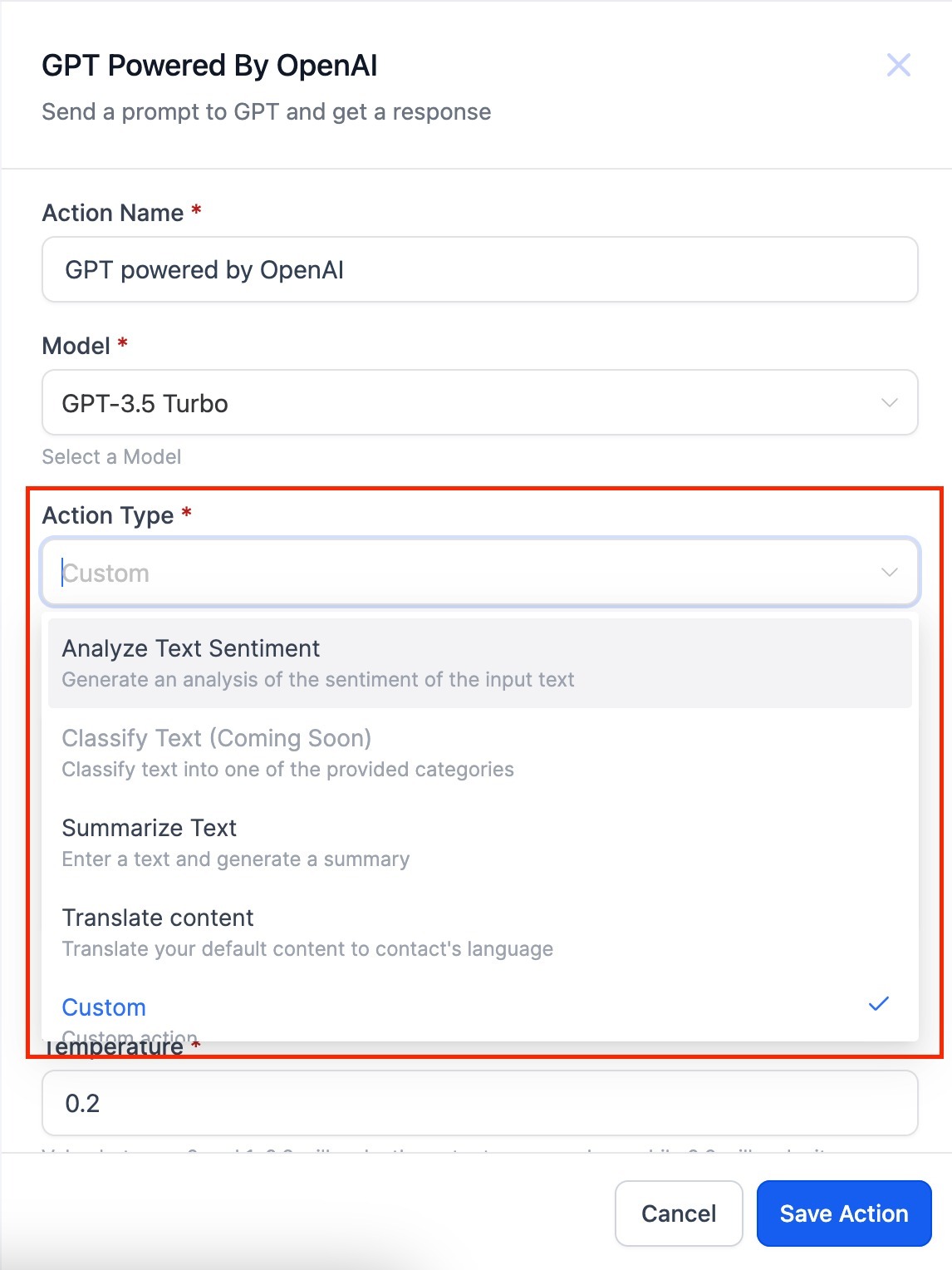 GPT 4 Models – Workflow AI – Select Action Type