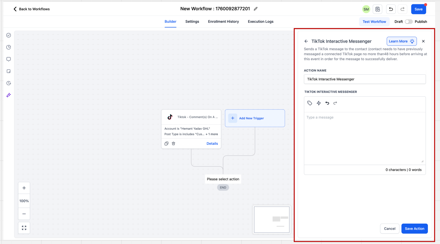 Guide to TikTok Messaging & Comment automation – Setup Action : Tiktok Interactive messenger