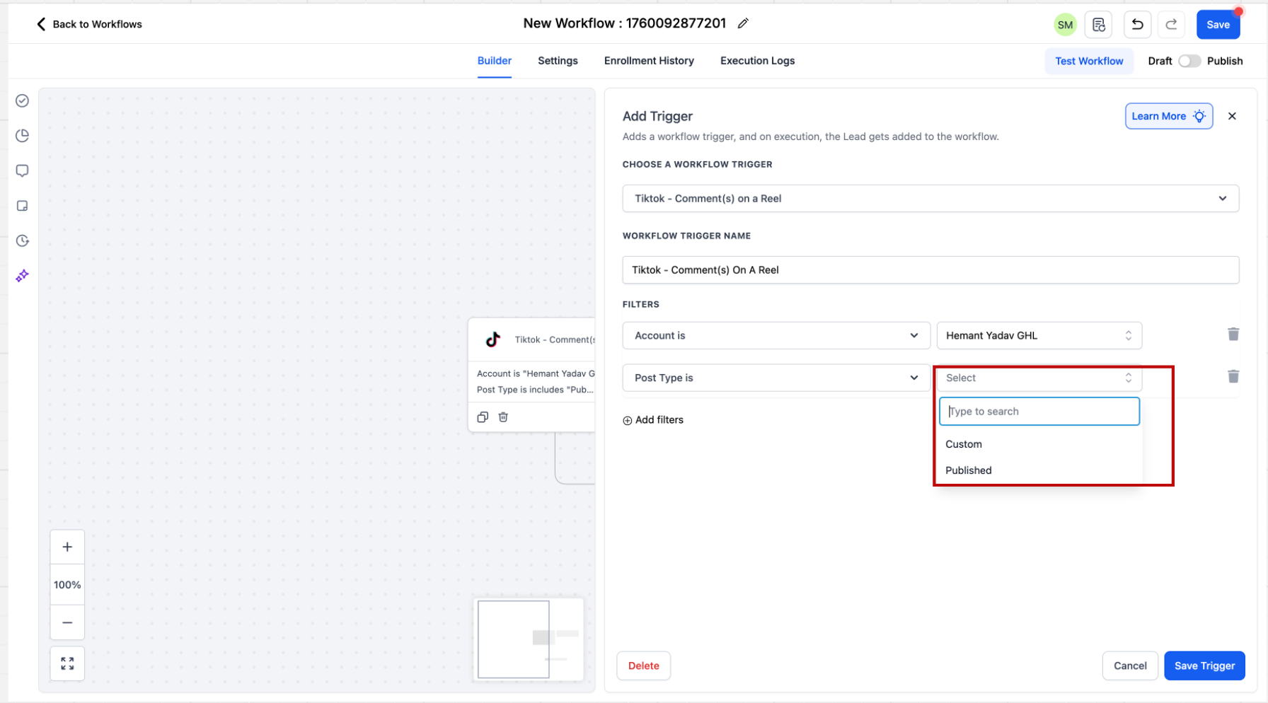 Guide to TikTok Messaging & Comment automation – Setup Trigger: TikTok Comment(s) on Reel