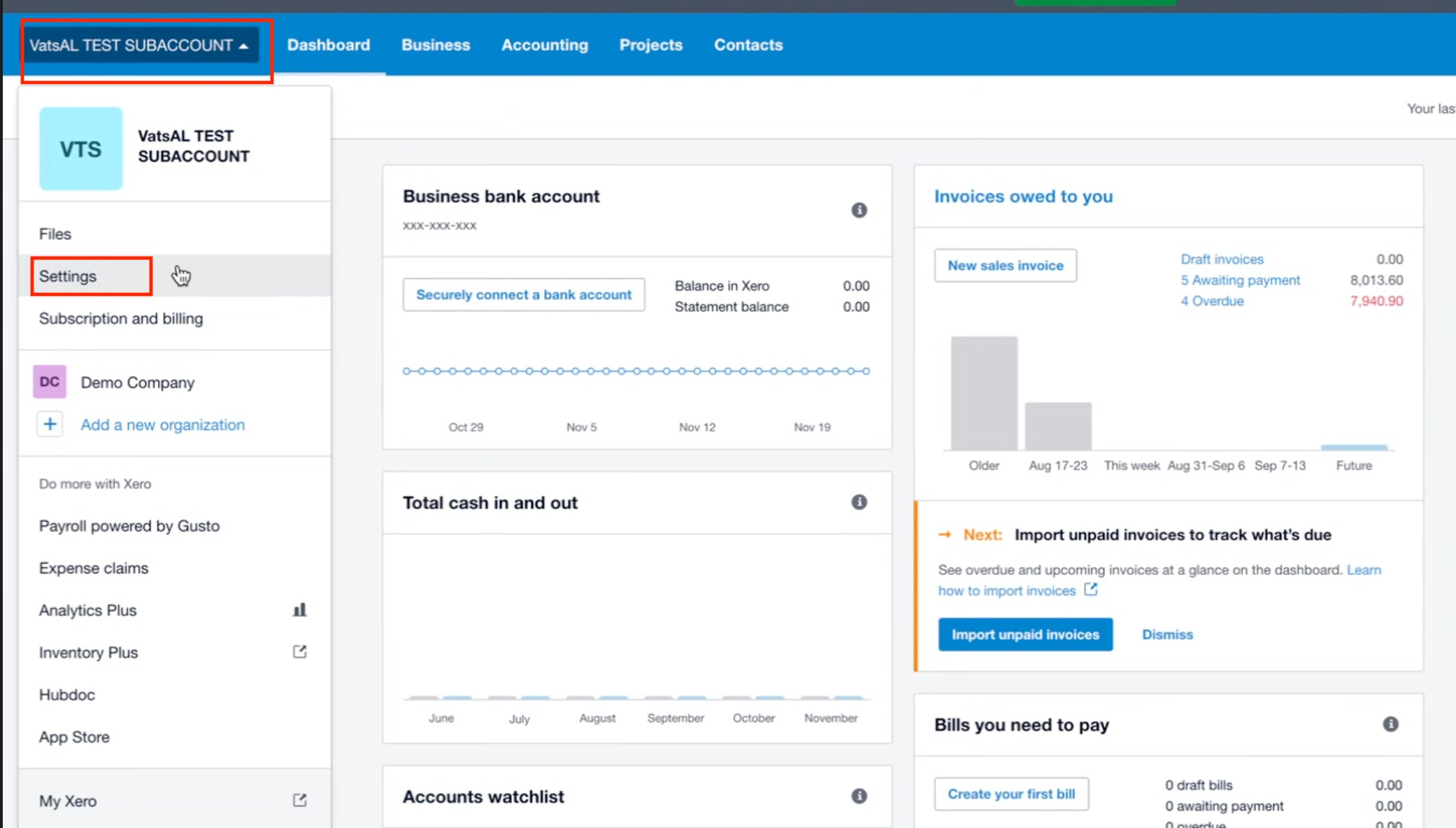 Guide: Xero integration – 1. Go to Settings in Xero