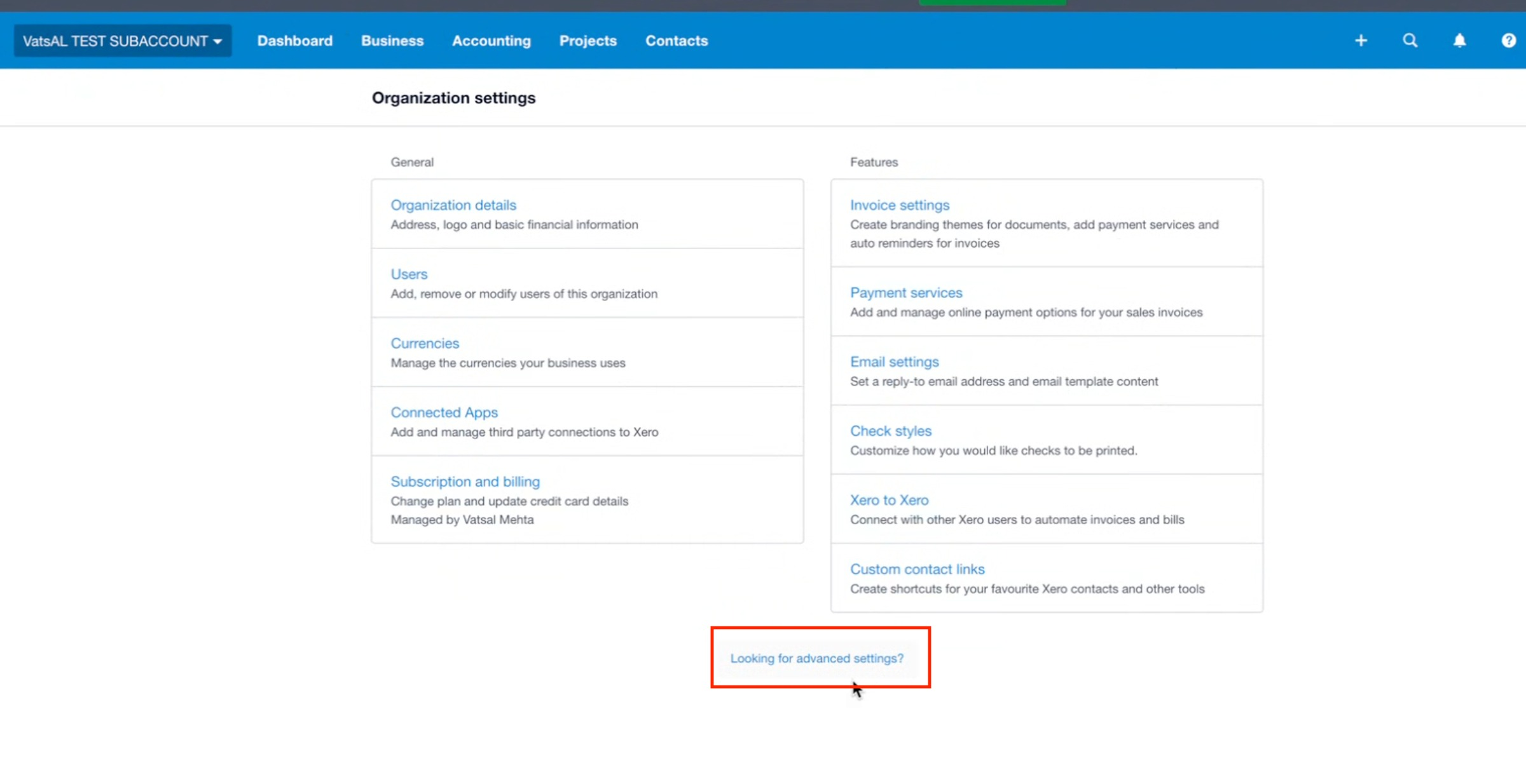 Guide: Xero integration – 2. Open Advanced Settings
