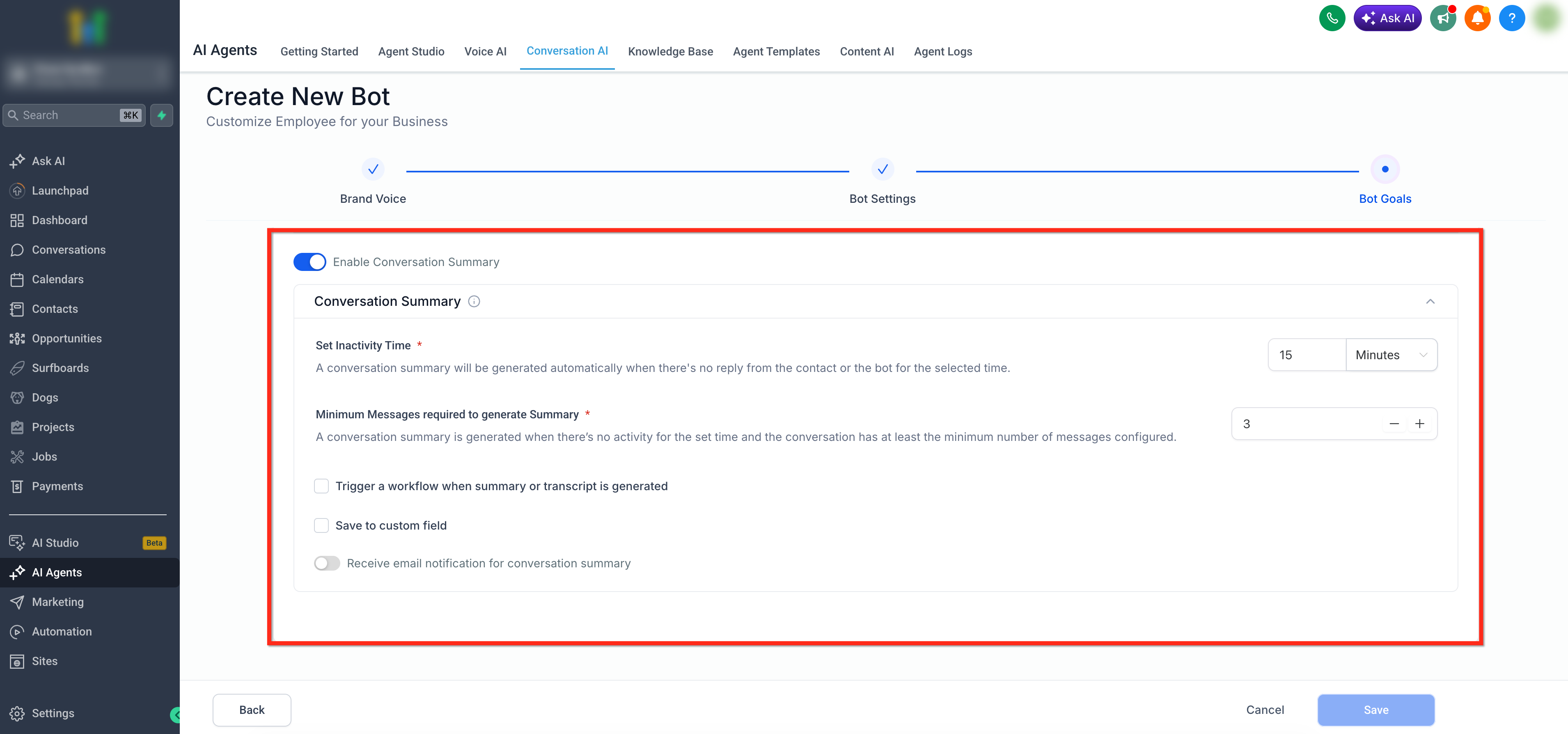 Guided Form Based Setup for Conversation AI – Step 10: Enable Conversation Summary