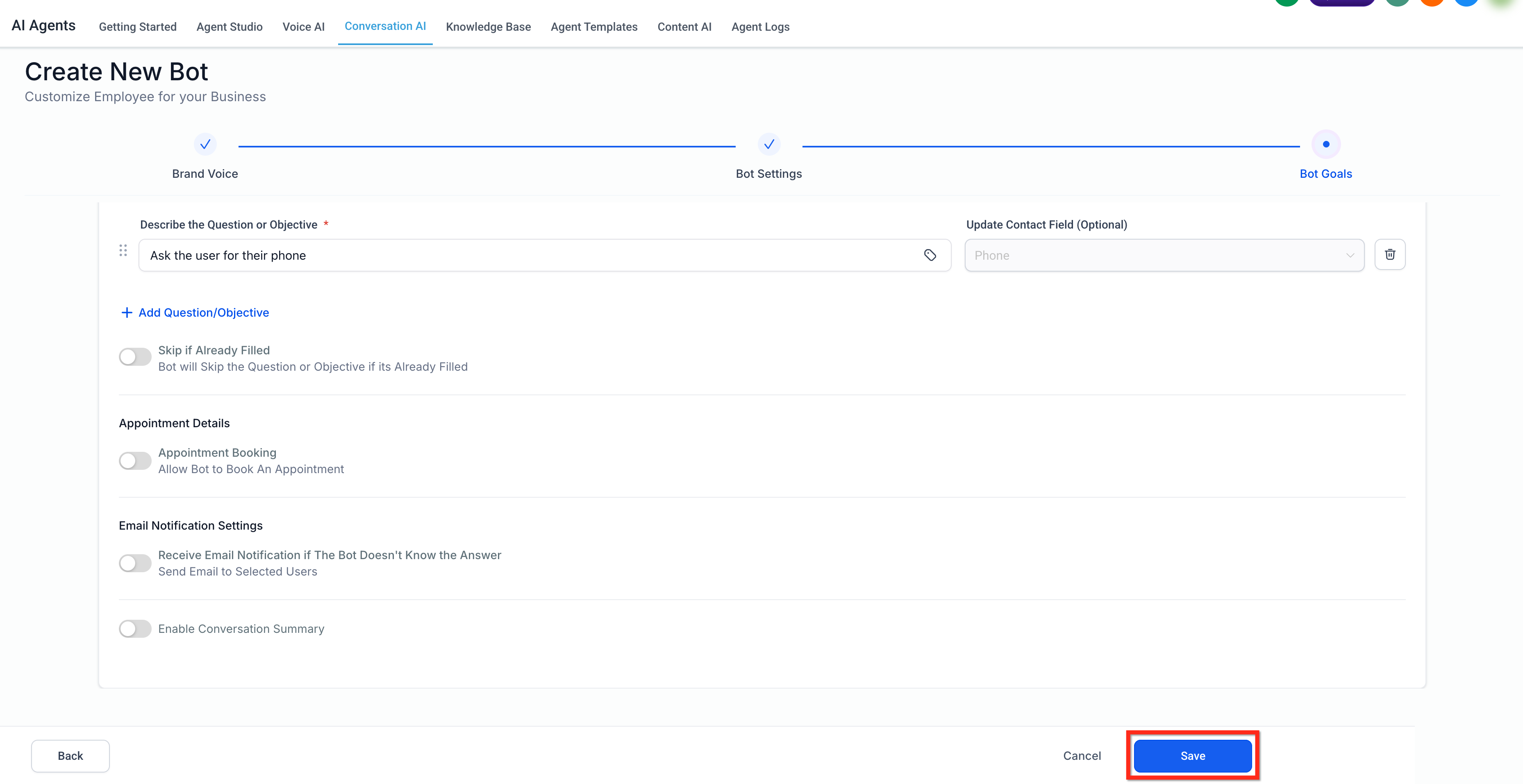 Guided Form Based Setup for Conversation AI – Step 11: Save the Bot