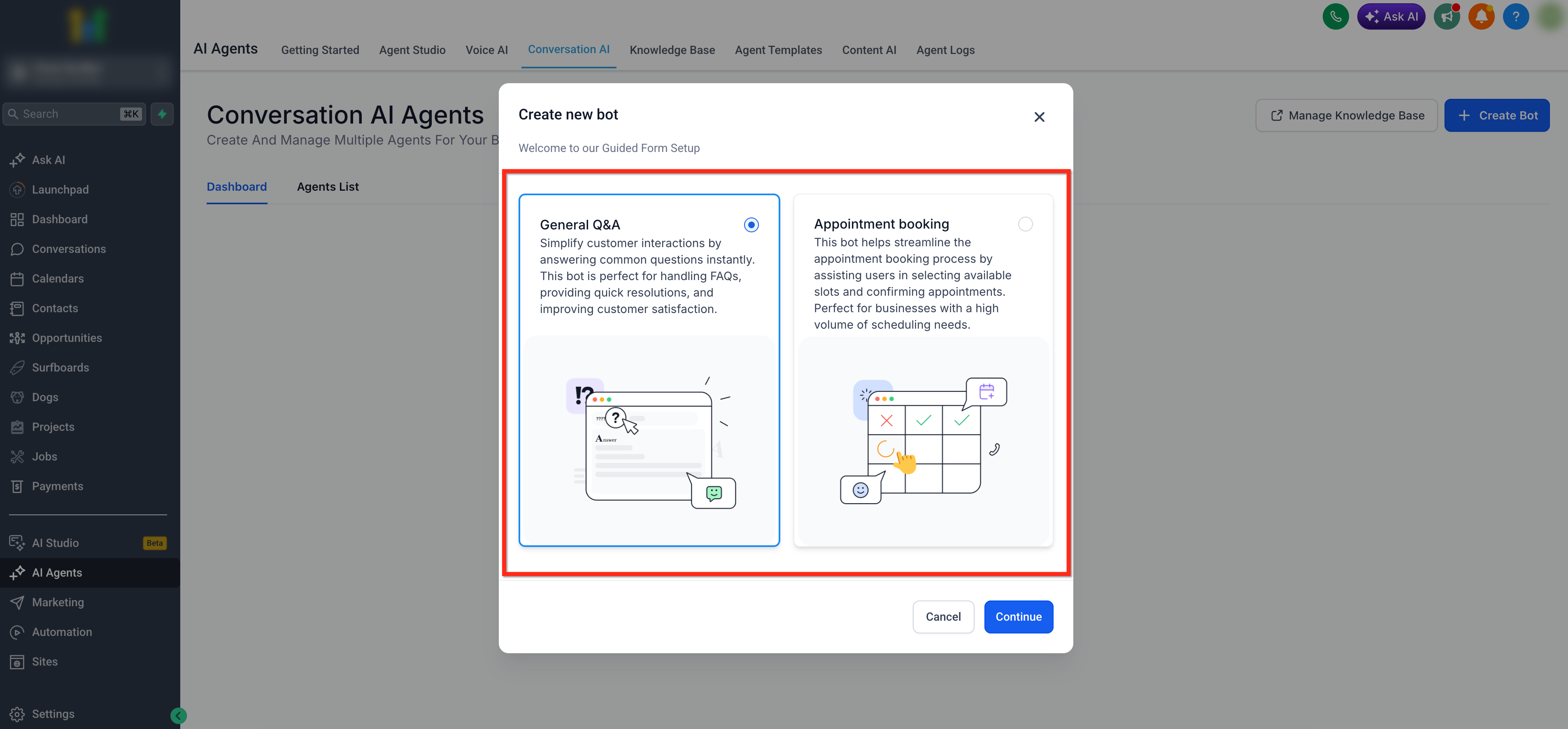 Guided Form Based Setup for Conversation AI – Step 3: Select Type of Bot
