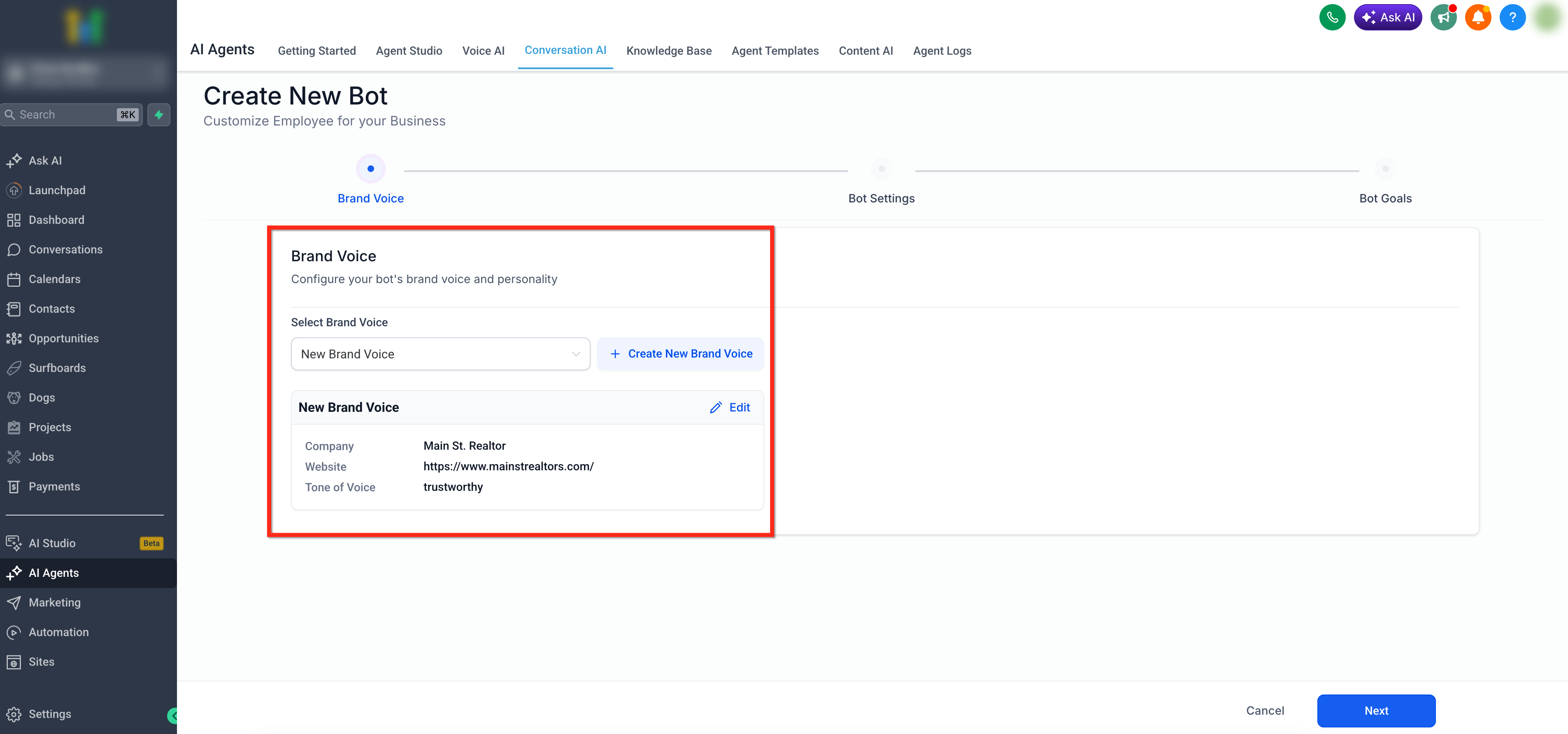 Guided Form Based Setup for Conversation AI – Step 4: Select Brand Voice