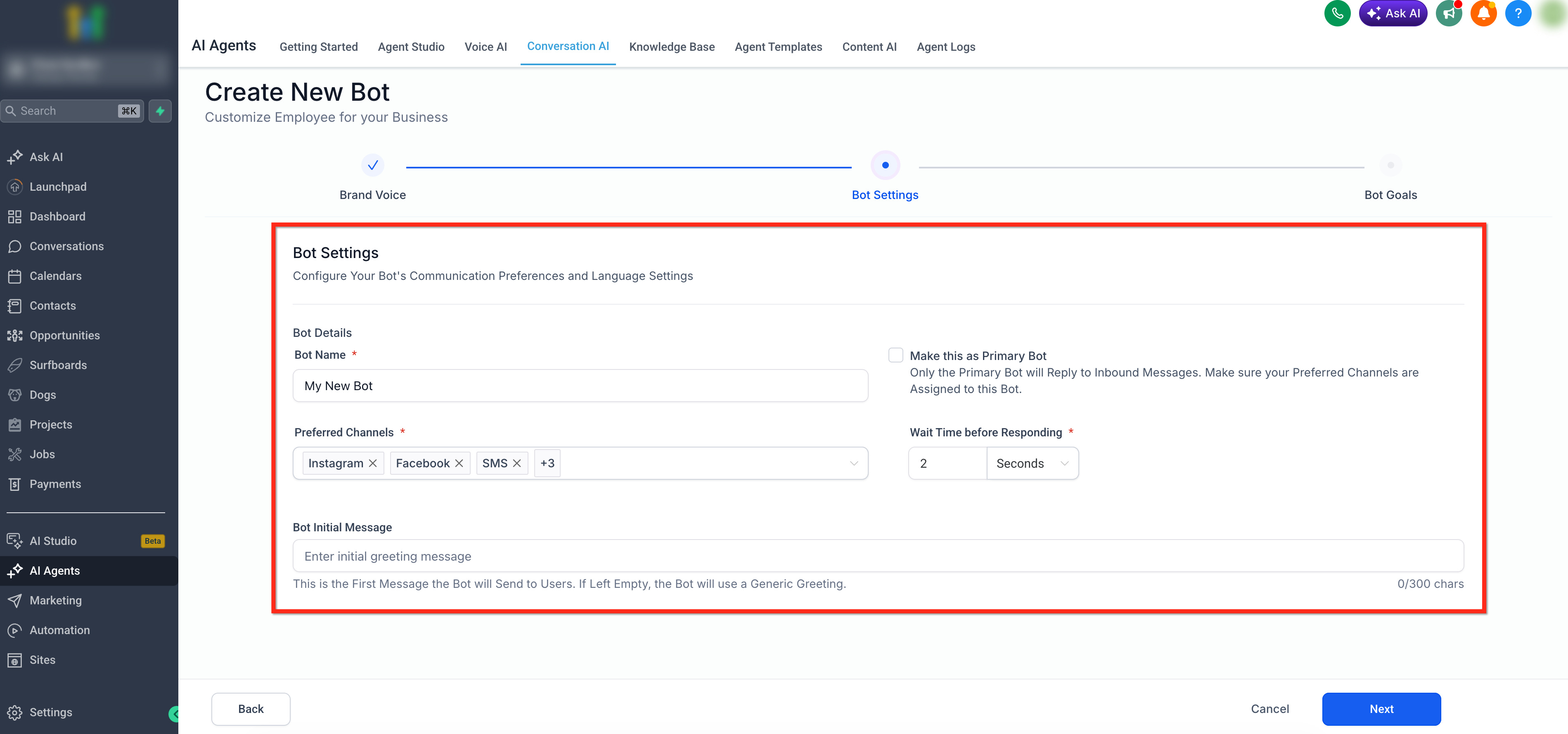 Guided Form Based Setup for Conversation AI – Step 5: Bot Settings