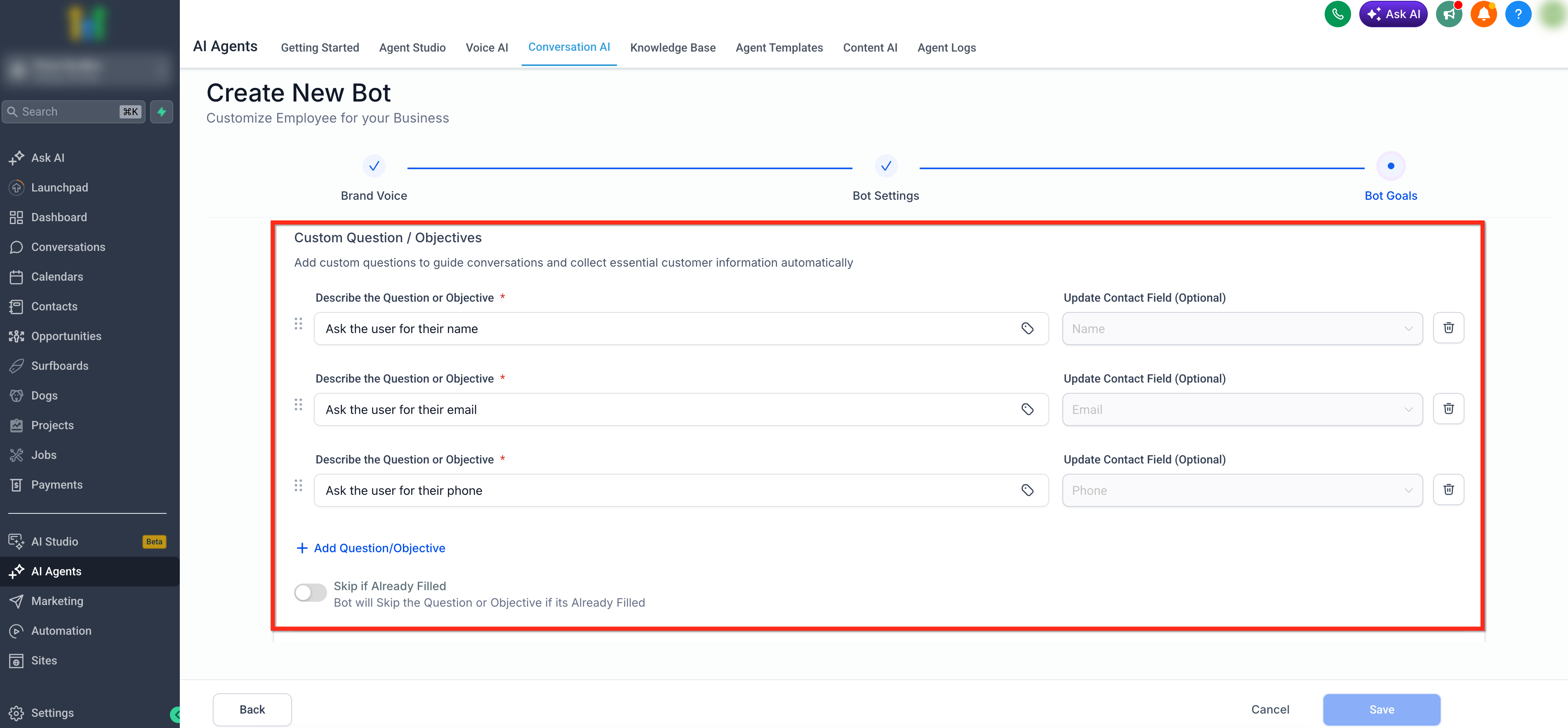Guided Form Based Setup for Conversation AI – Step 7: Custom Question / Objectives