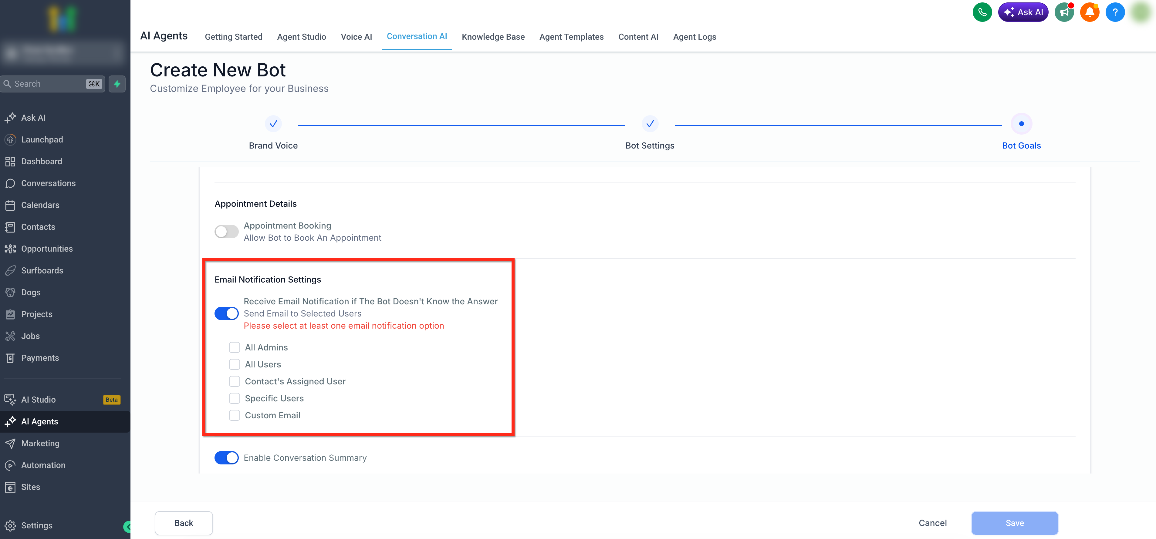 Guided Form Based Setup for Conversation AI – Step 9: Email Notification Settings