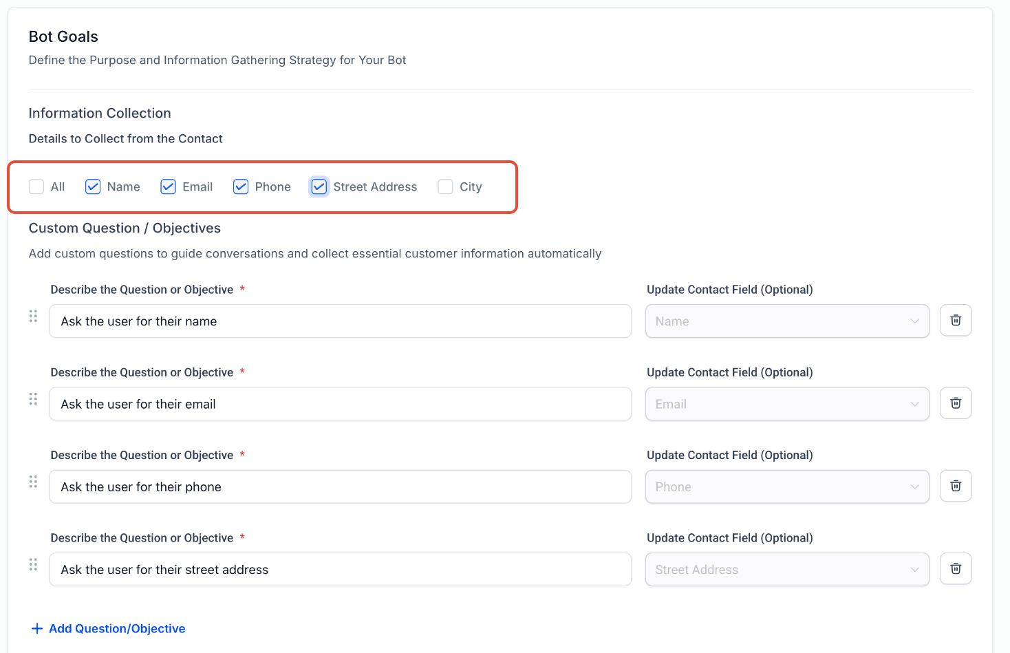 Guided Form Bot Setup for AI Conversations – Define Objectives and Questions