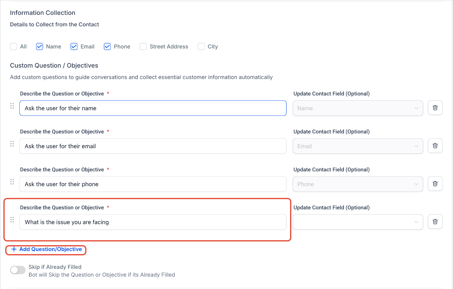 Guided Form Bot Setup for AI Conversations – Skip questions if fields are already populated