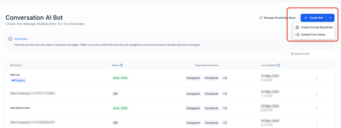 Guided Form Bot Setup for AI Conversations – This screen shows where to create a new bot from the Conversation AI dashboard. When opening the Create Bot m…