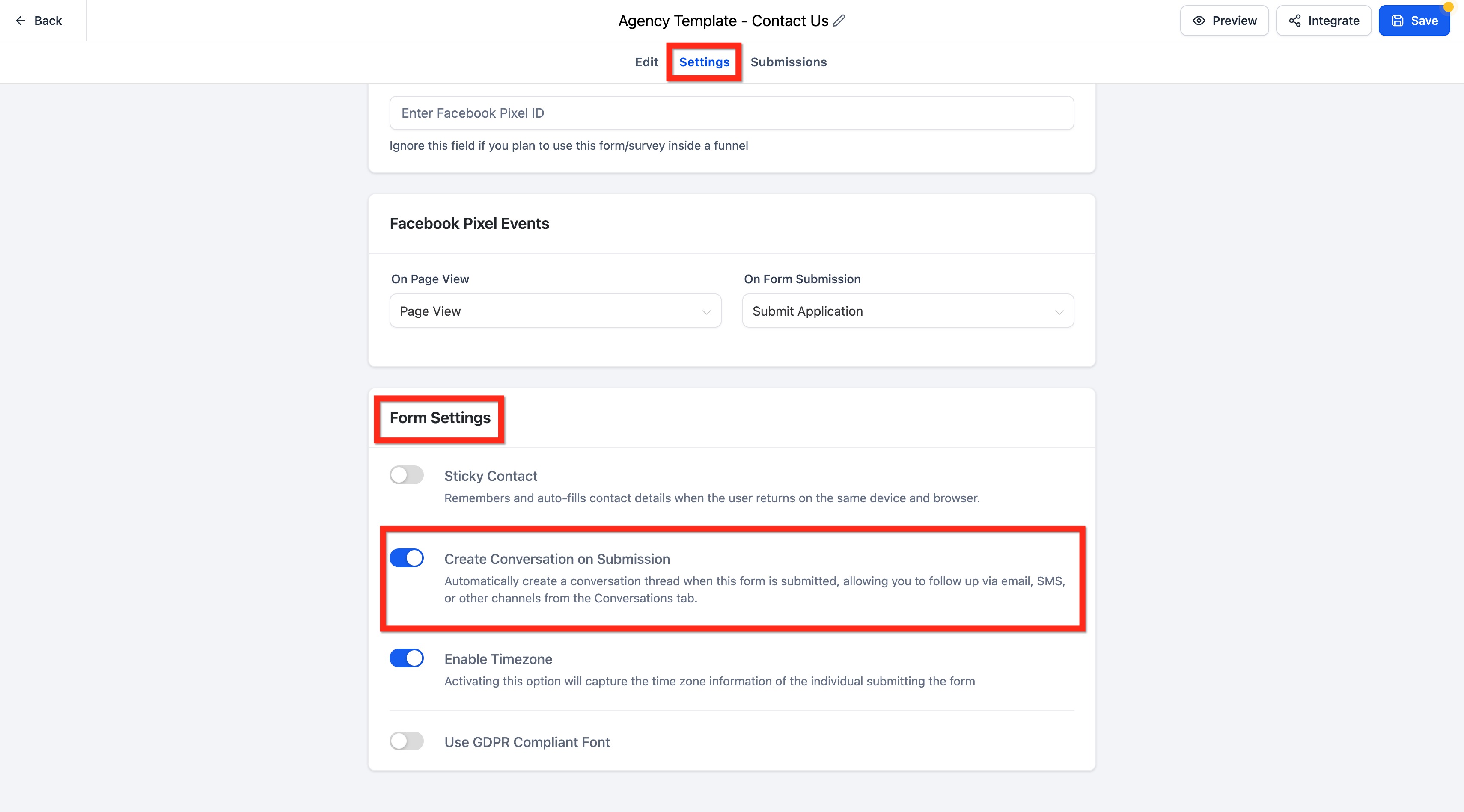 How to Access Form Submissions in Conversations – Click the Settings tab for the form.