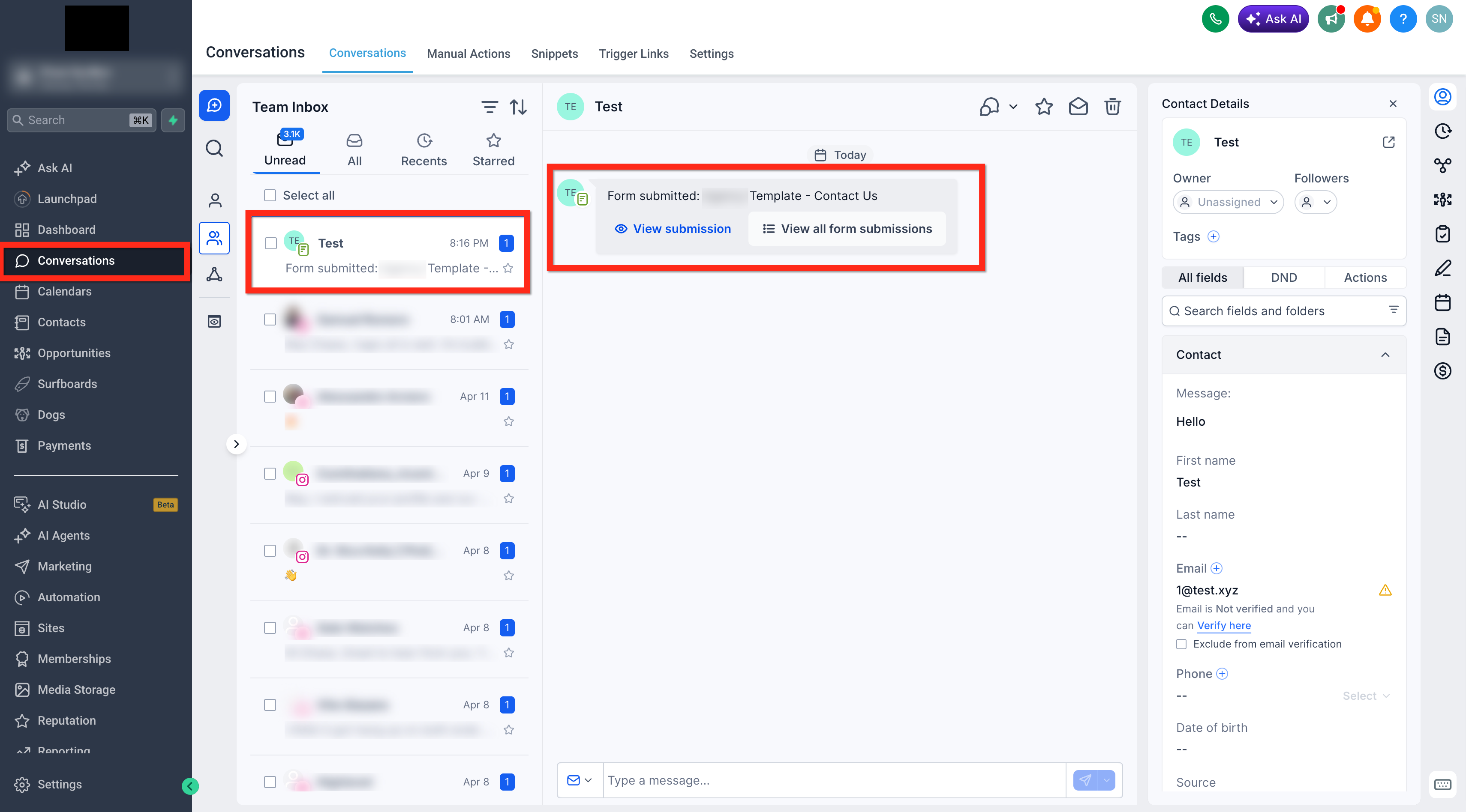 How to Access Form Submissions in Conversations – Open the conversation for the contact who submitted the form.