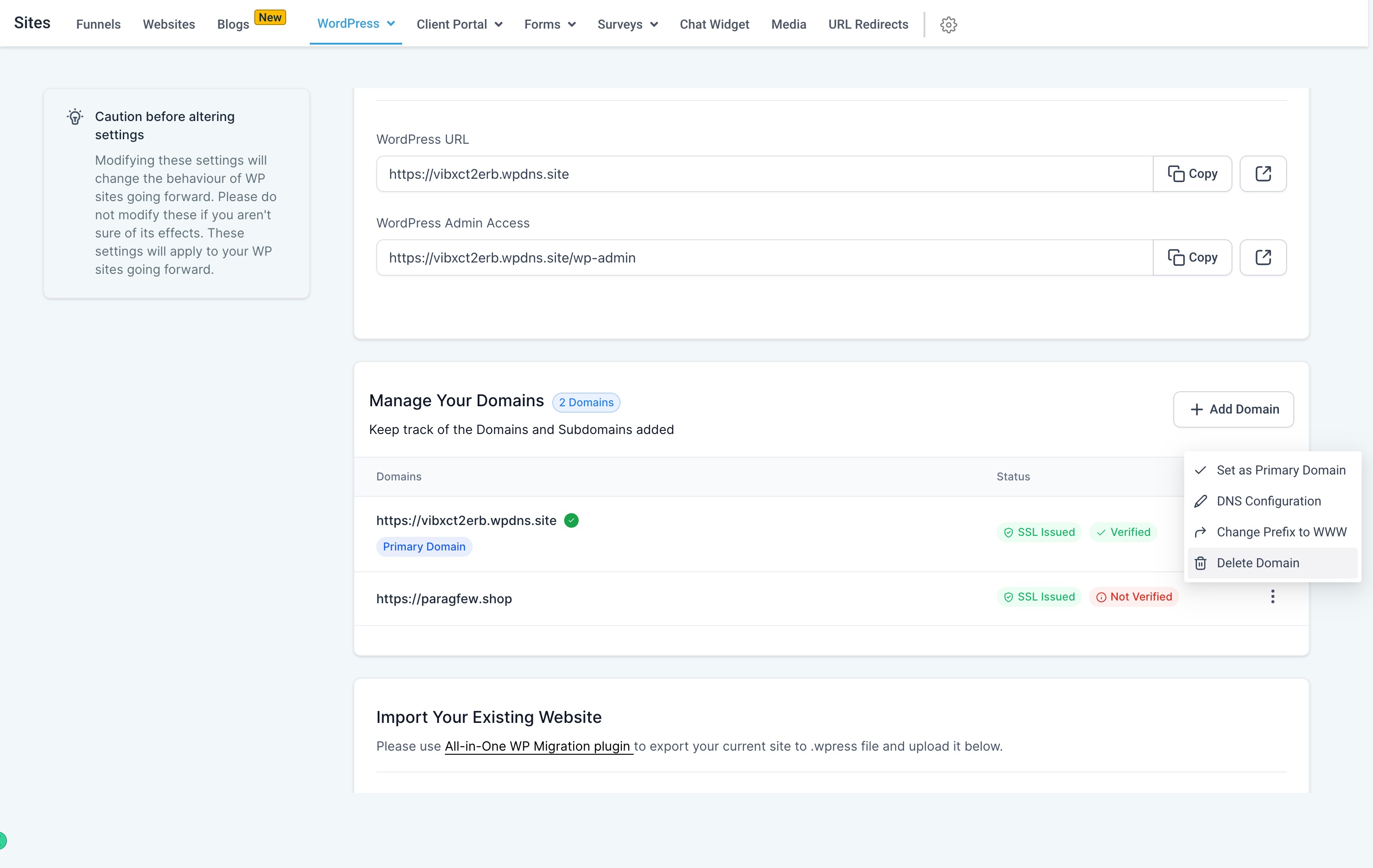 How to Add Domains in the WordPress Dashboard – Screenshot 1