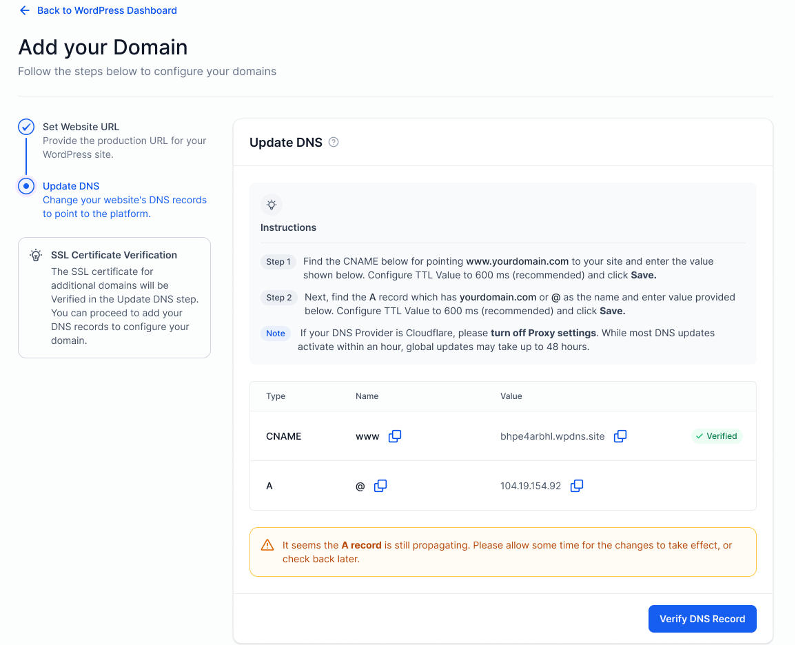 How to Add Domains in the WordPress Dashboard – Step 2: Update CNAME and A record with your DNS provider