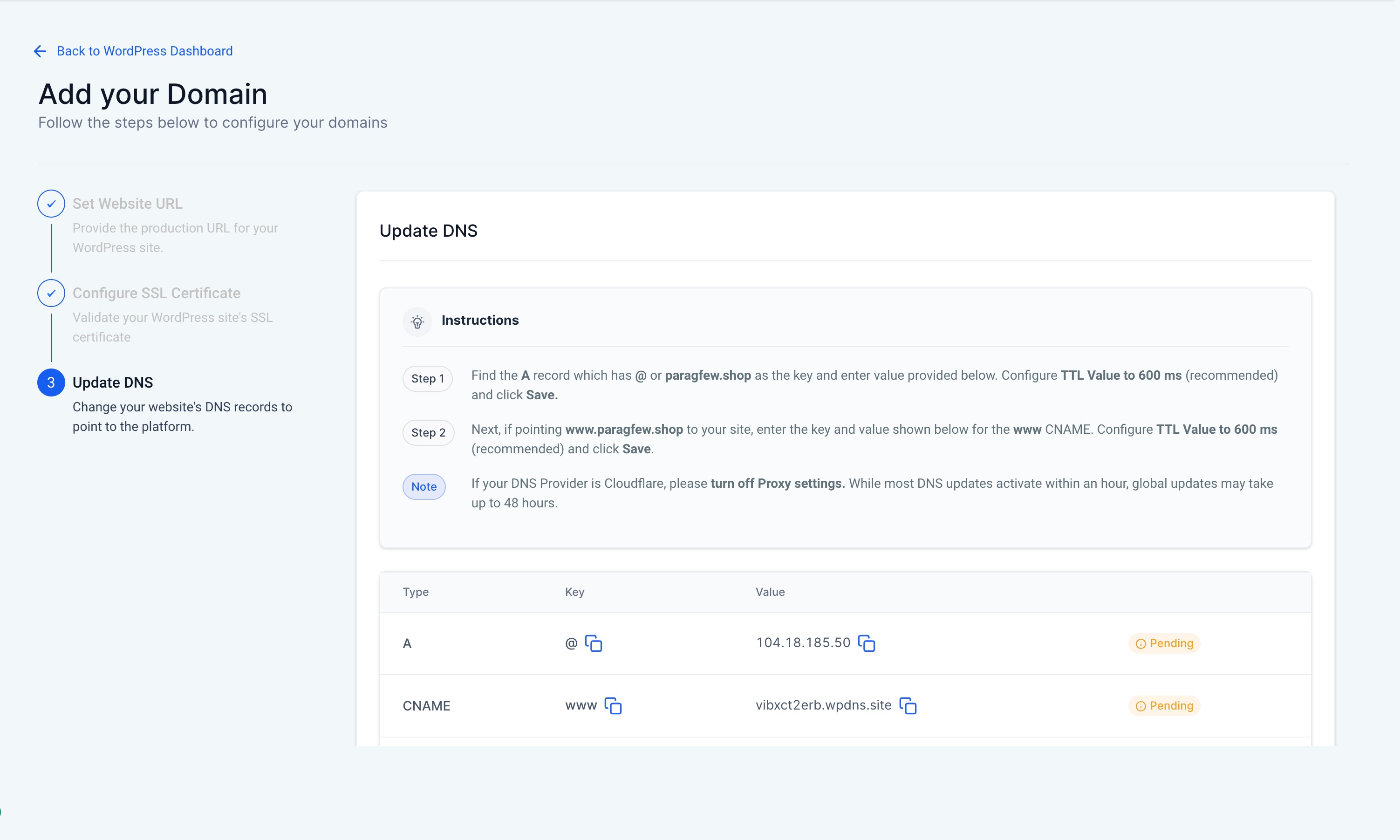 How to Add Domains in the WordPress Dashboard – Step 3: Update DNS