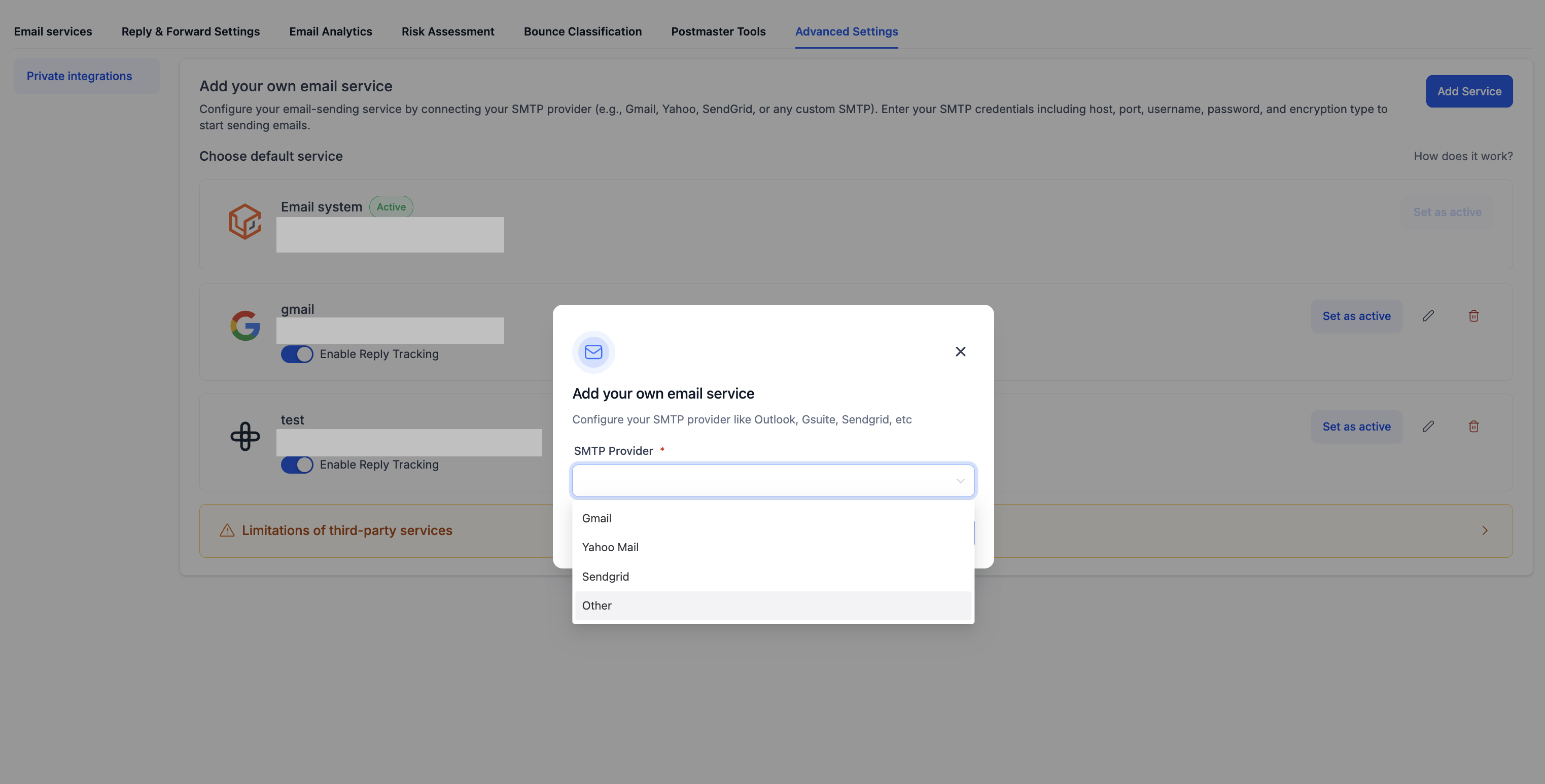 How to Add Your Own Email Service (SMTP) – Choose your SMTP provider from the dropdown