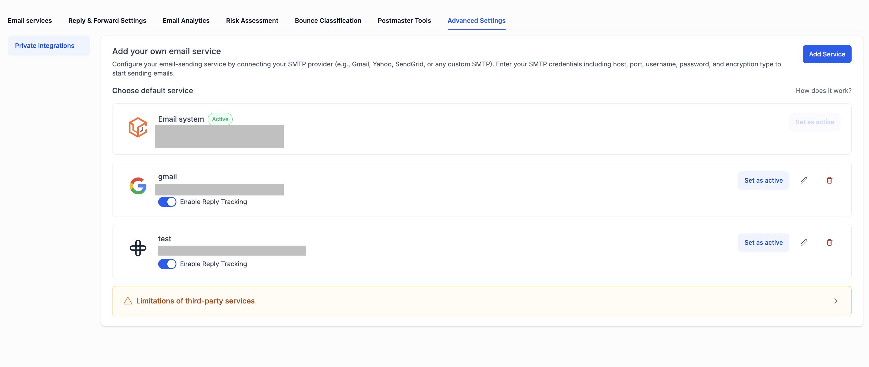 How to Add Your Own Email Service (SMTP) – Click Add Service to open the SMTP setup popup