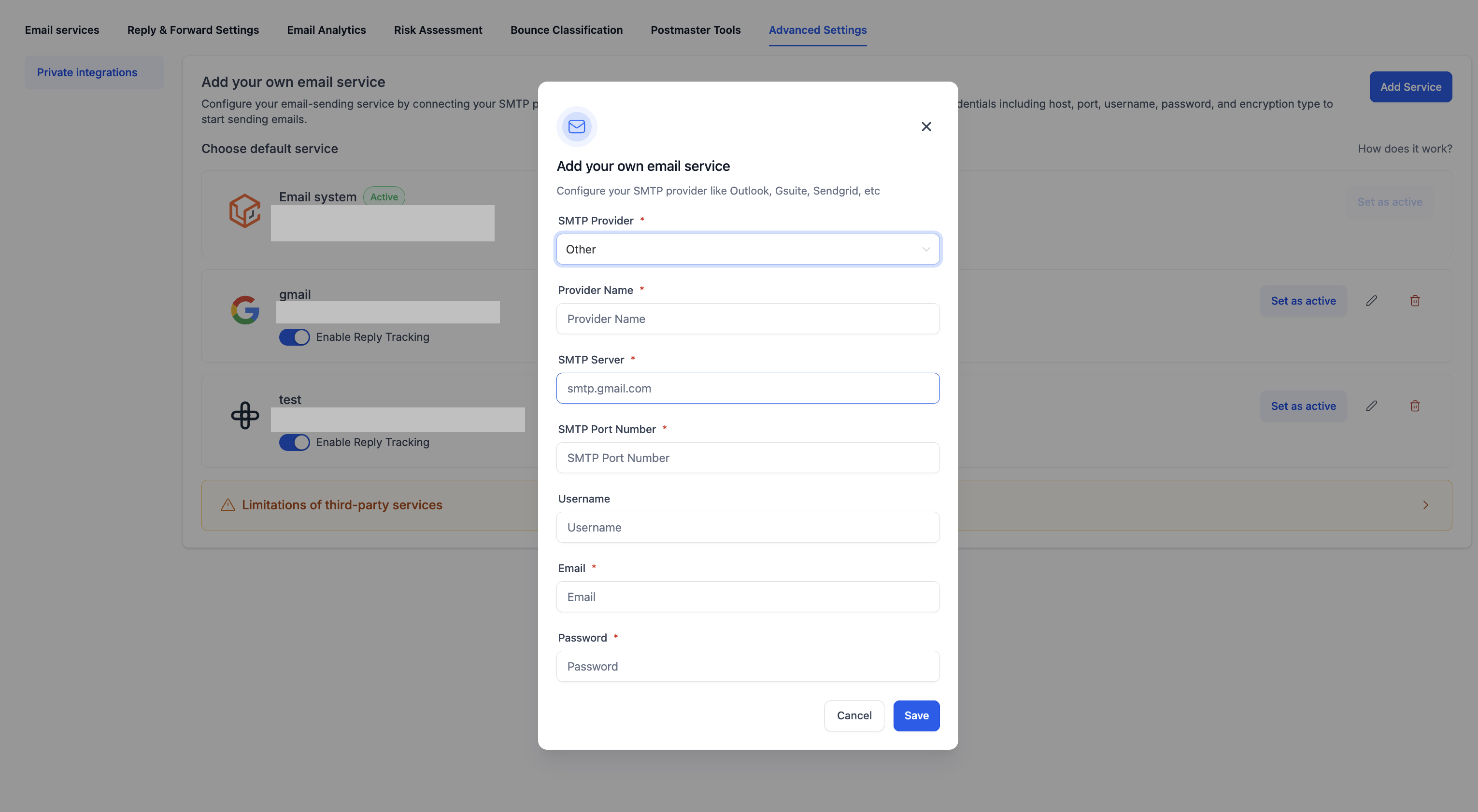 How to Add Your Own Email Service (SMTP) – Fill in your SMTP credentials
