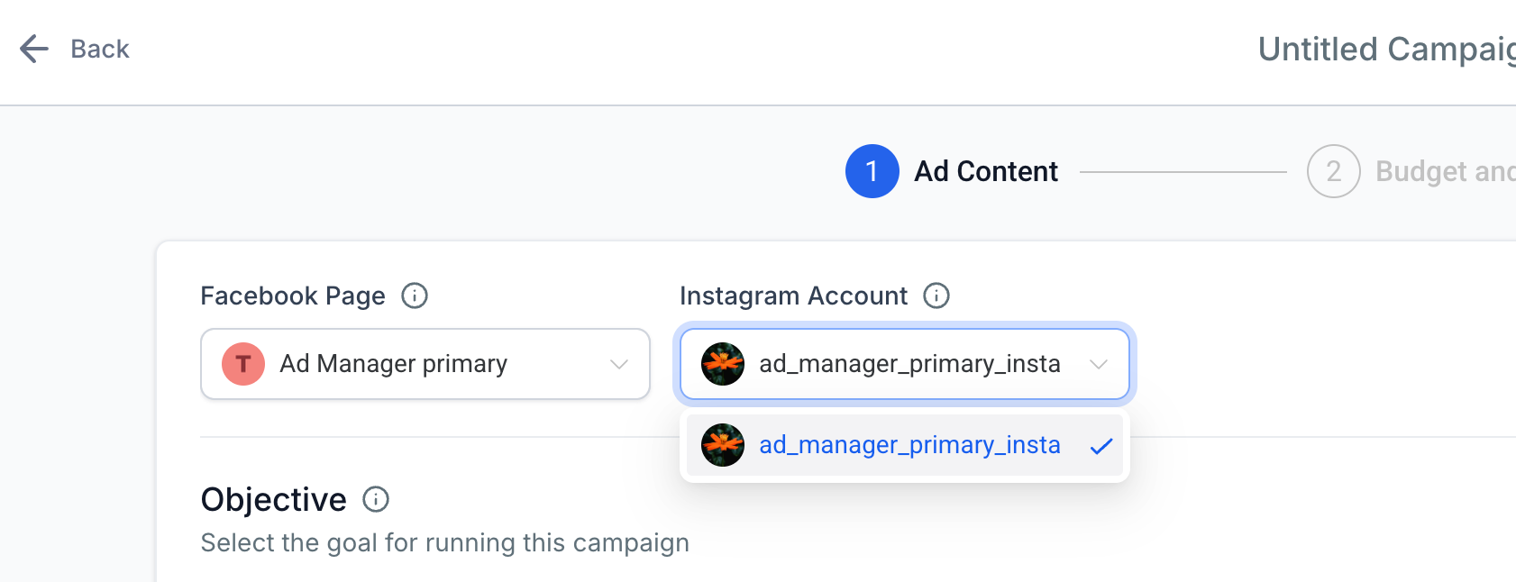 How to create a Meta Sales objective campaign for Conversion – Step 2: Choose the Facebook page and Instagram account