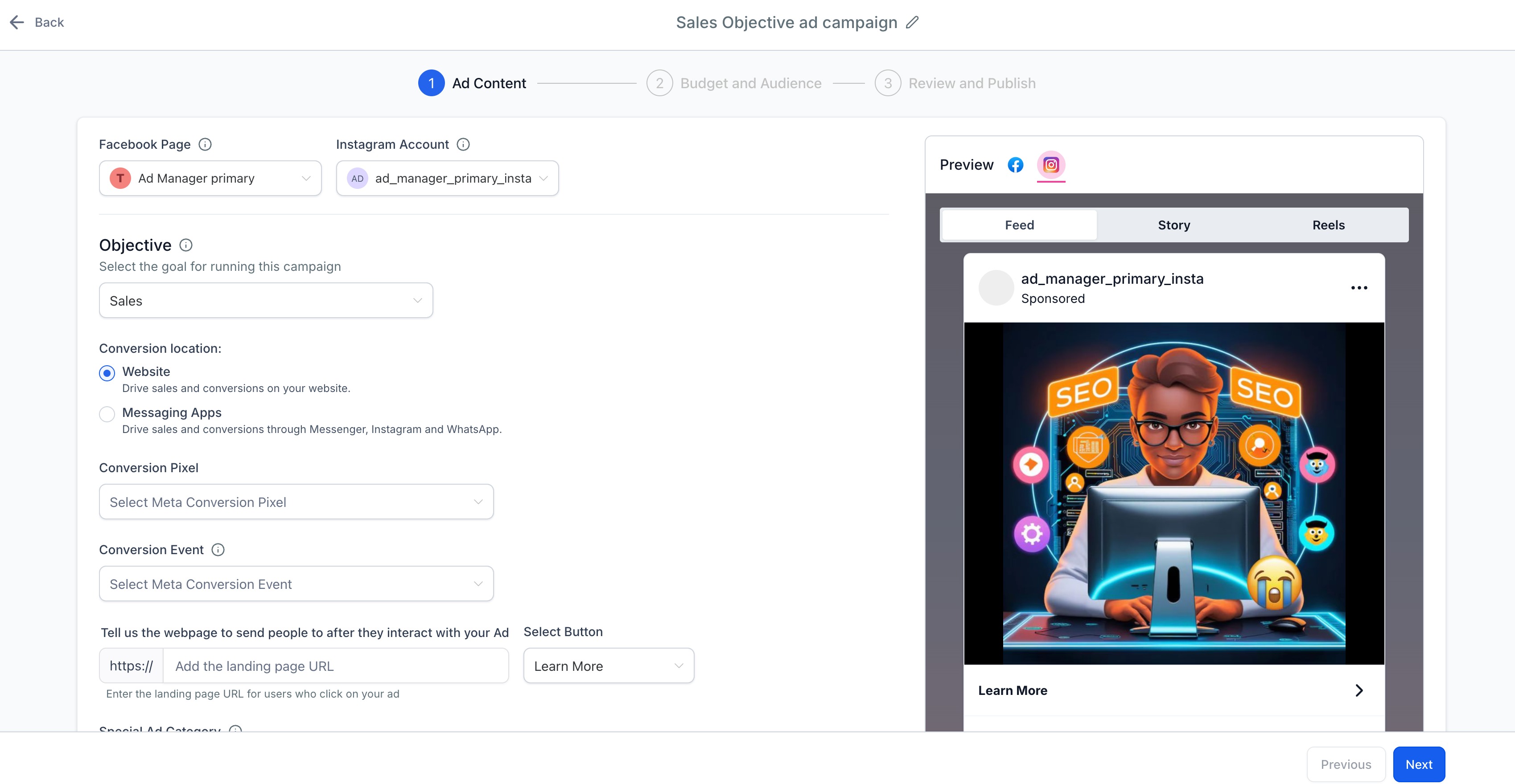 How to create a Meta Sales objective campaign for Conversion – Step 4: Select a Conversion Location