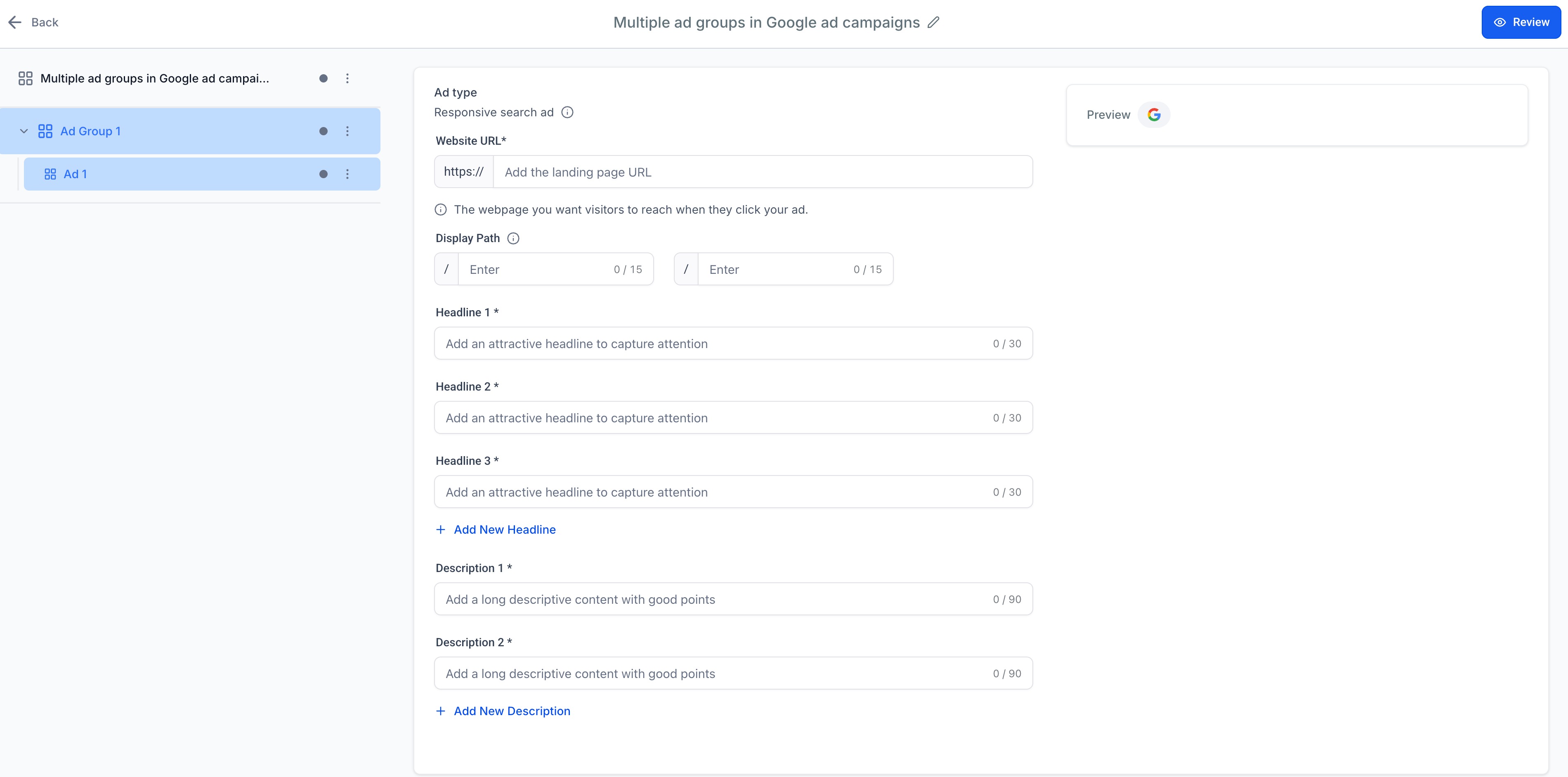 How to create a multiple ad group Google search ad campaign – C: Ad Level Setup