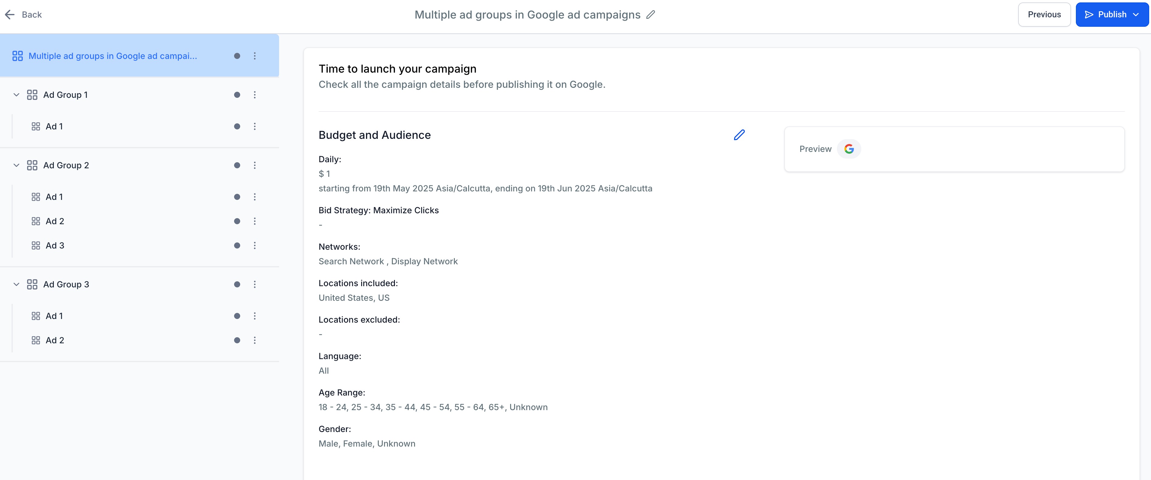 How to create a multiple ad group Google search ad campaign – Step 3 | Review and Publish