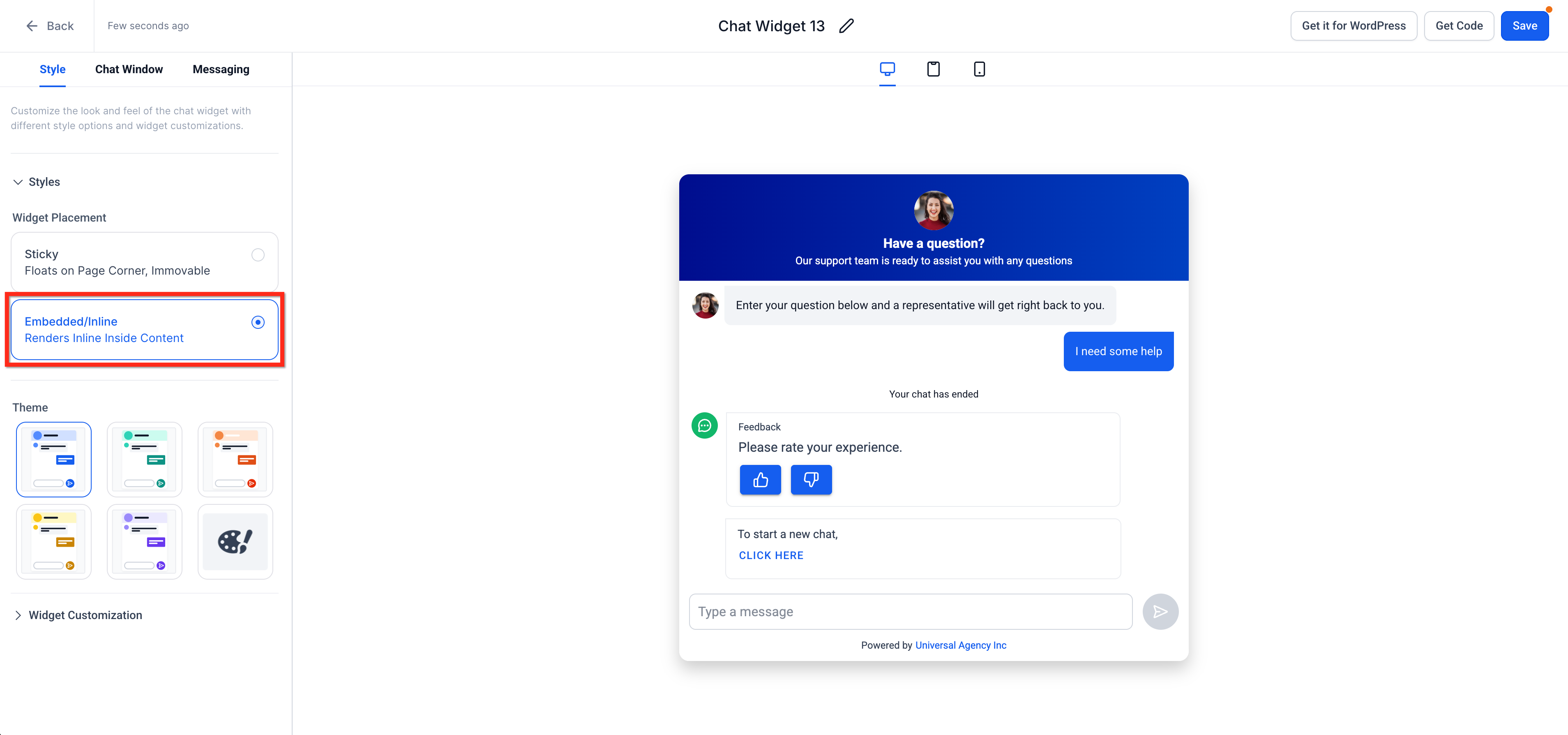 How to Create an Embedded Live Chat Widget – Step 3: Set Widget Placement to Embedded