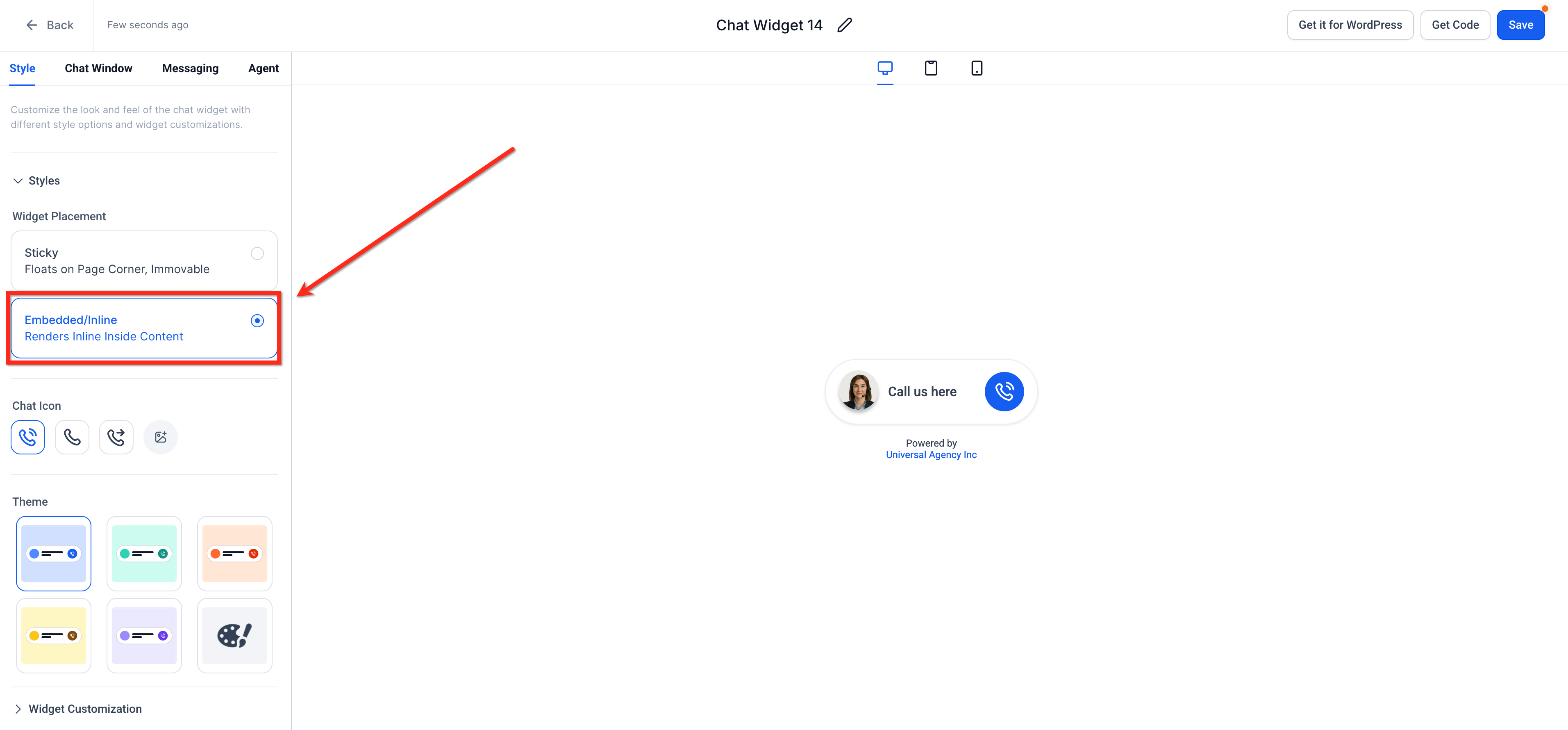 How to create an Embedded Voice AI Chat Widget – Step 3: Set Widget Placement to Embedded
