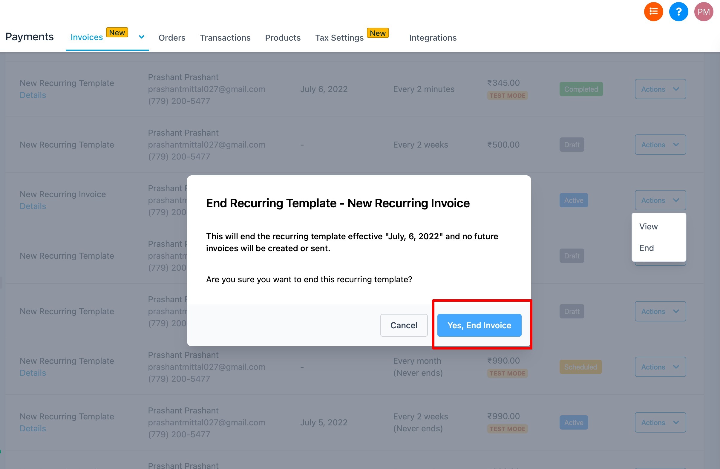 How to create recurring Invoices – How to stop sending future invoices?