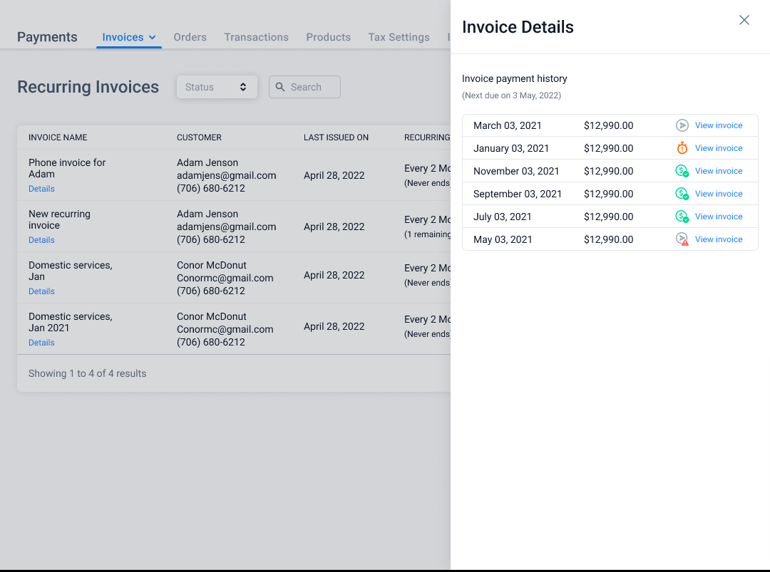 How to create recurring Invoices – View sent invoices and their payment status.