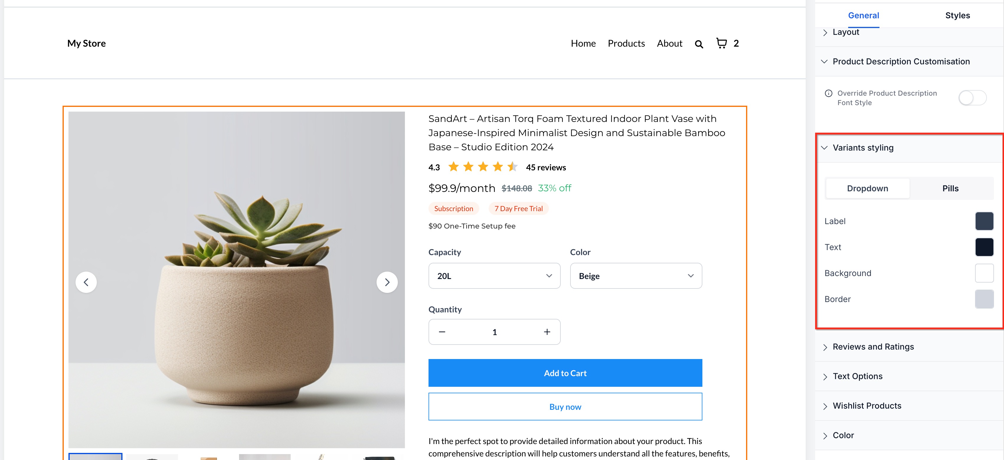How to Customize Product Selector Styles on the Product Details Page – Variants styling controls in the Product Details element settings