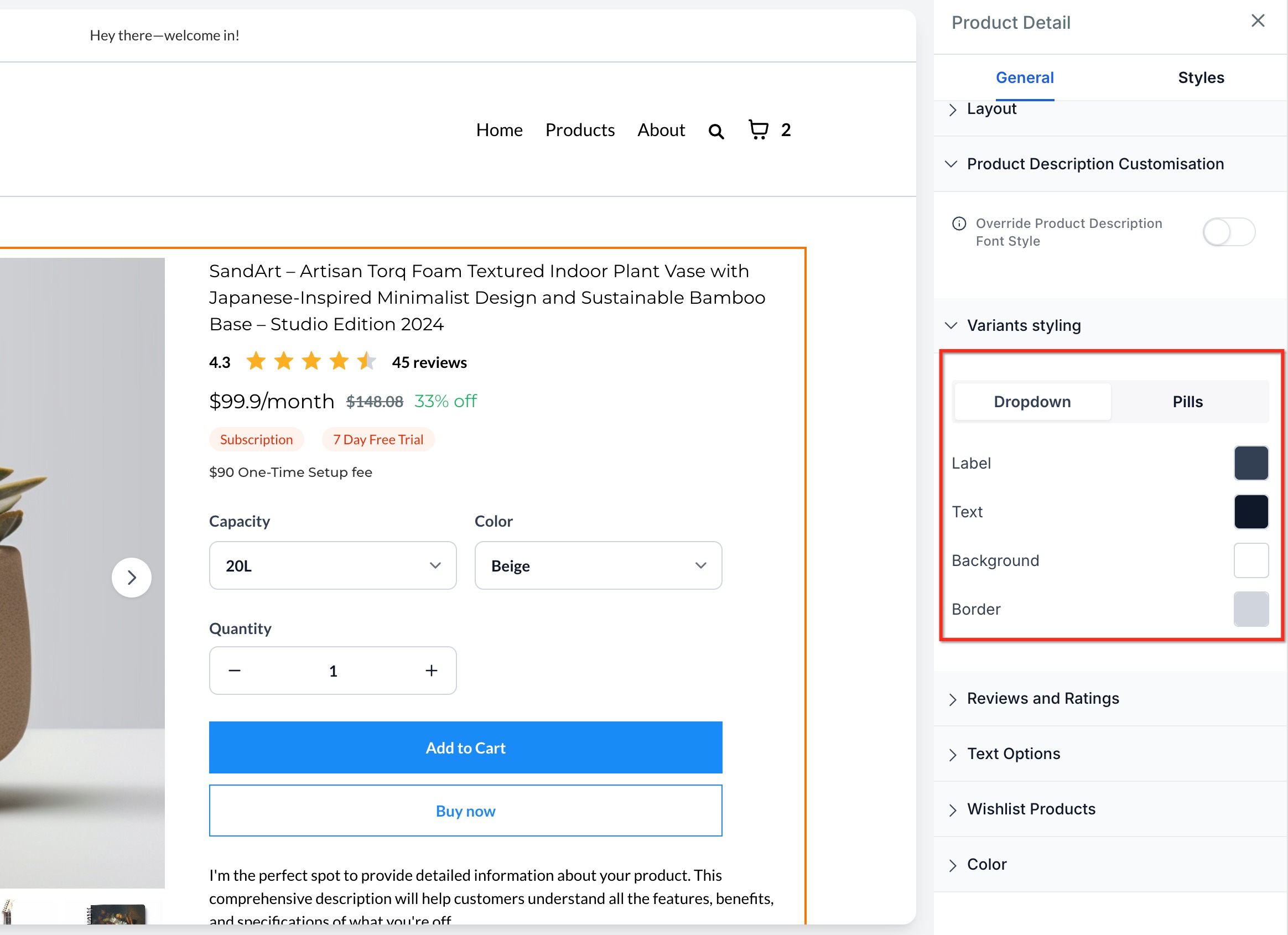 How to Customize Product Selector Styles on the Product Details Page – Dropdown product selector style on a Product Details Page