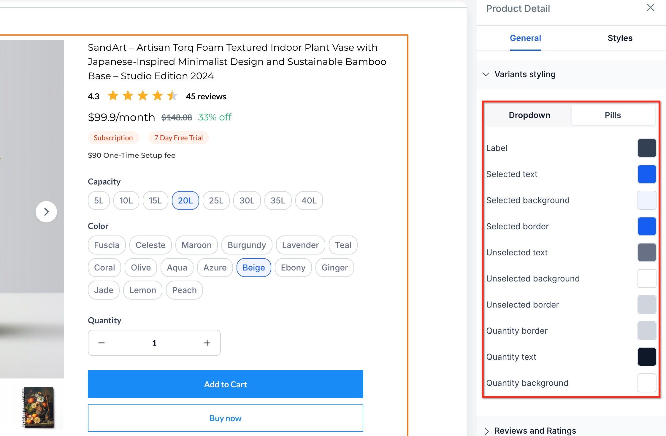 How to Customize Product Selector Styles on the Product Details Page – Pills product selector style on a Product Details Page