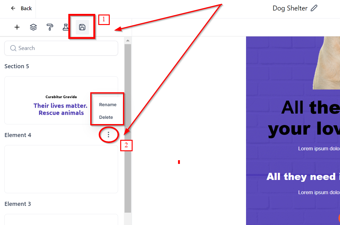 How to save items in email builder for quick access? – Step 5| User can now also rename the elements for quick search by clicking on three dots and selecting "Renam…