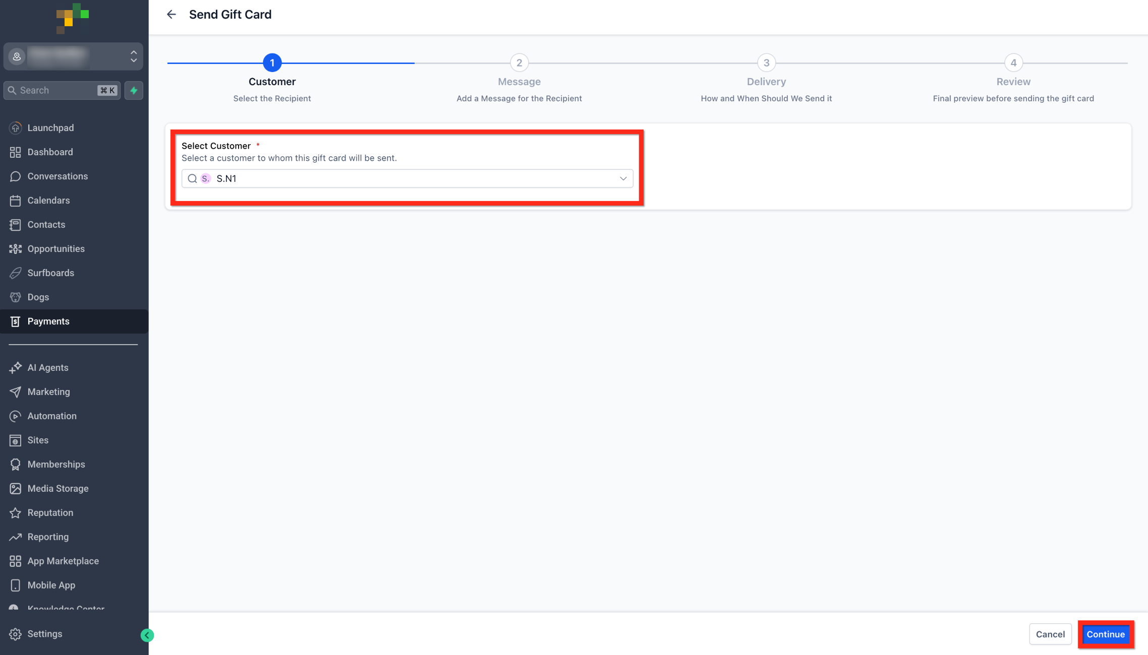 How to Send Gift Cards – Step 2: Choose a Customer/Contact