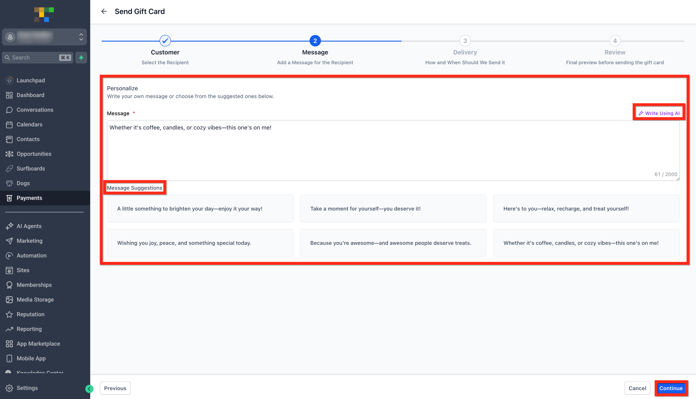 How to Send Gift Cards – Step 3: Add a Personal Message