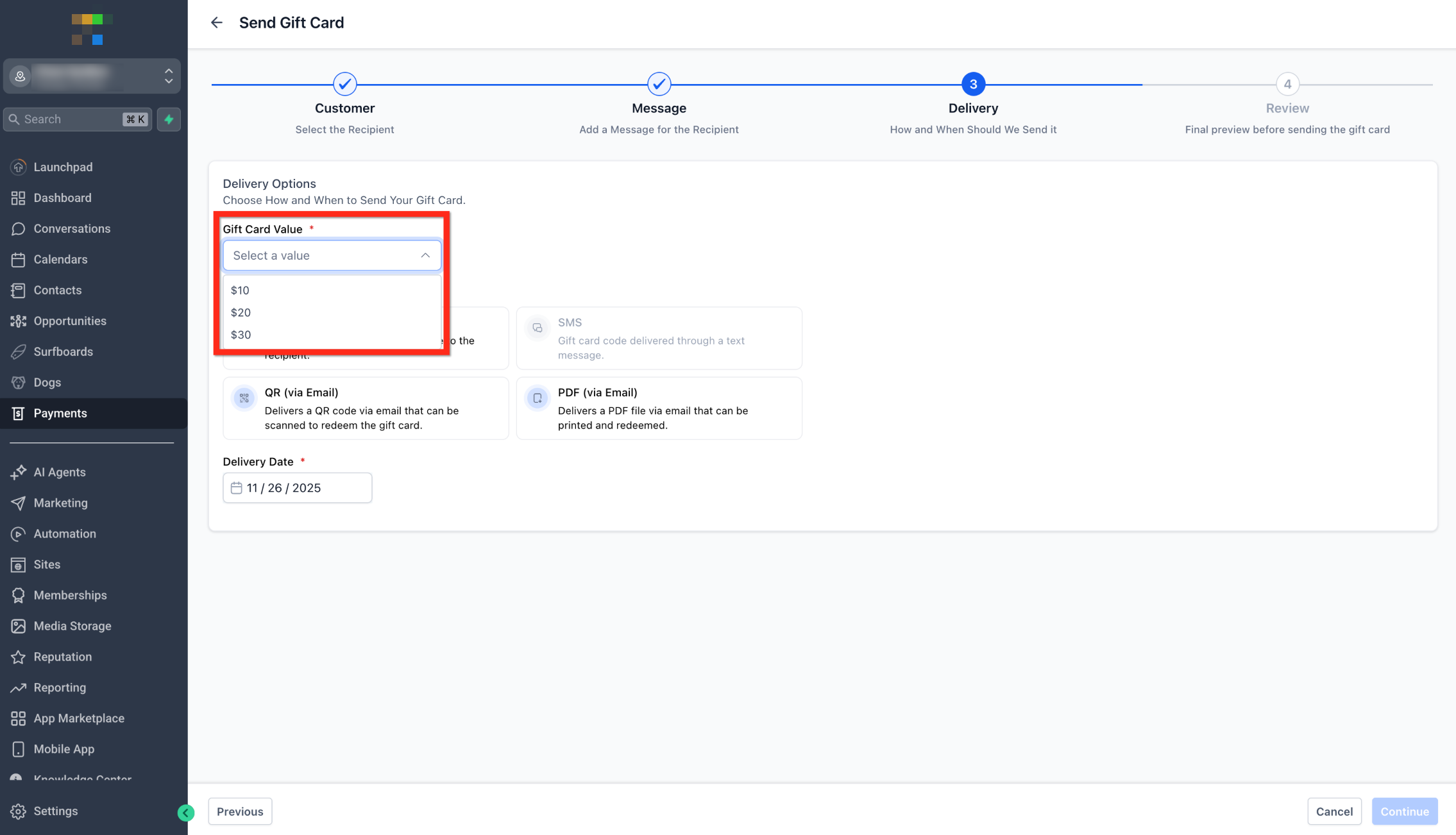 How to Send Gift Cards – Step 4: Select a Denomination