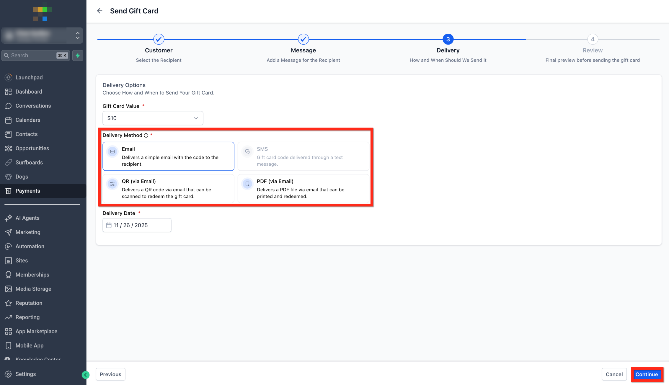 How to Send Gift Cards – Step 5: Choose Delivery Method