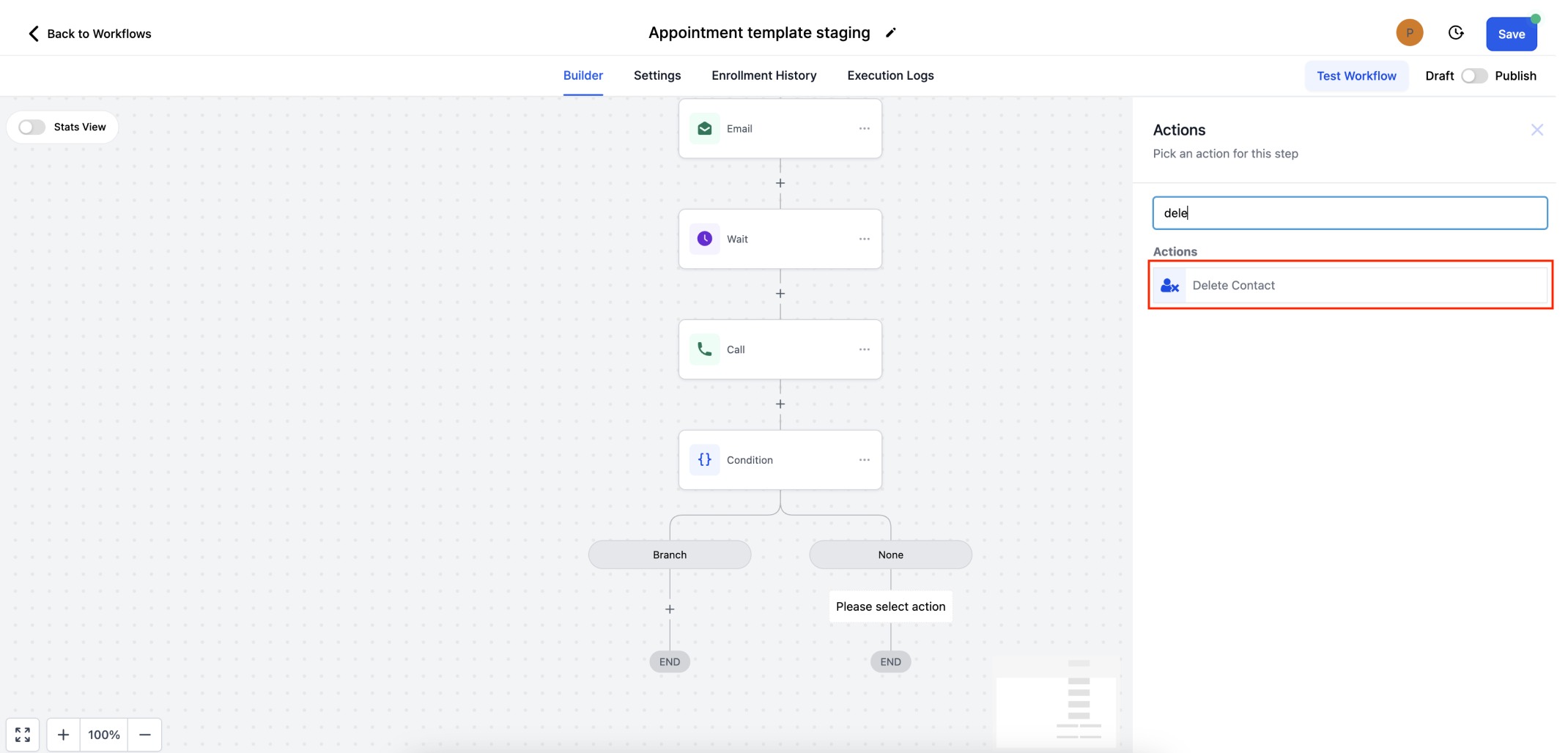 How to set up Delete Contact action in workflows?