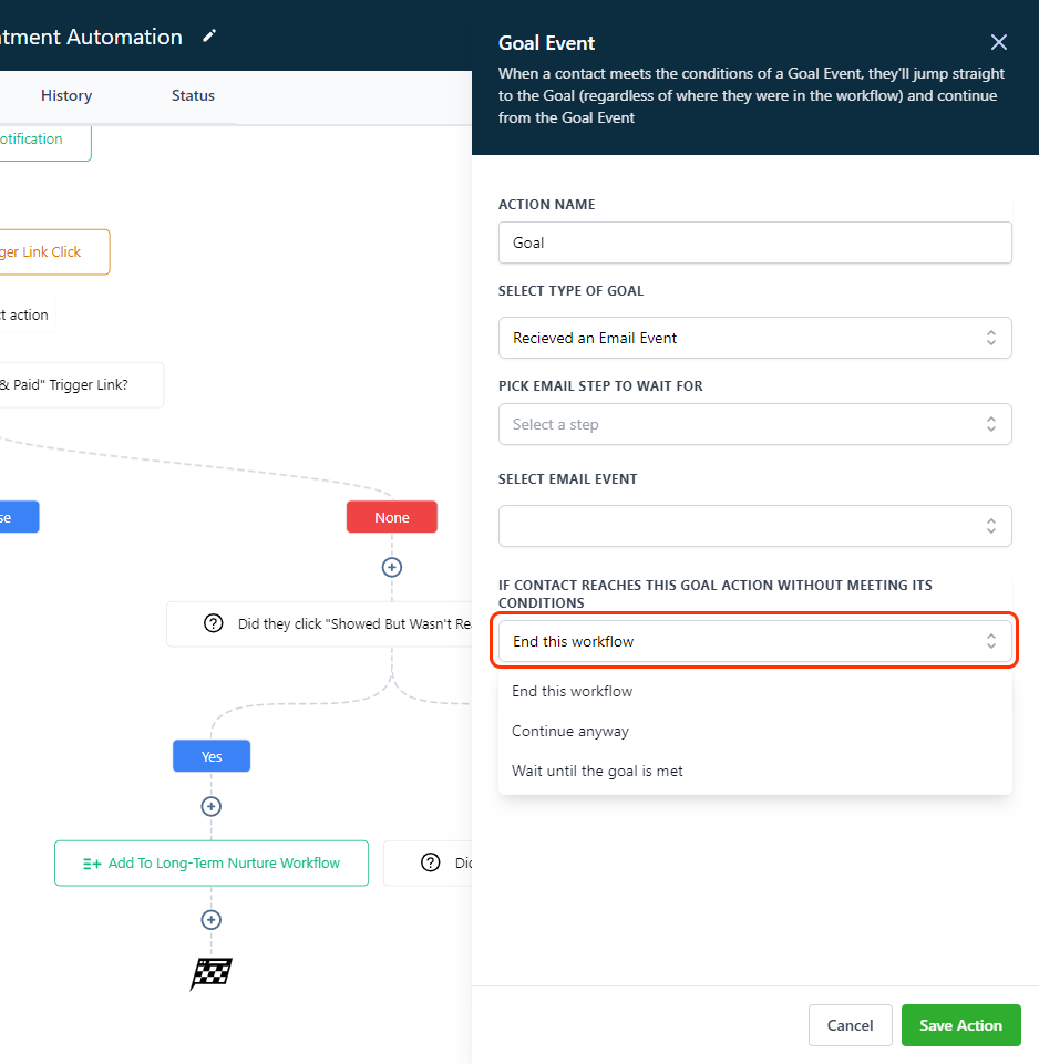 How to set up Workflow Goal Events – What happens if the contact reaches a Goal Event without meeting its conditions?