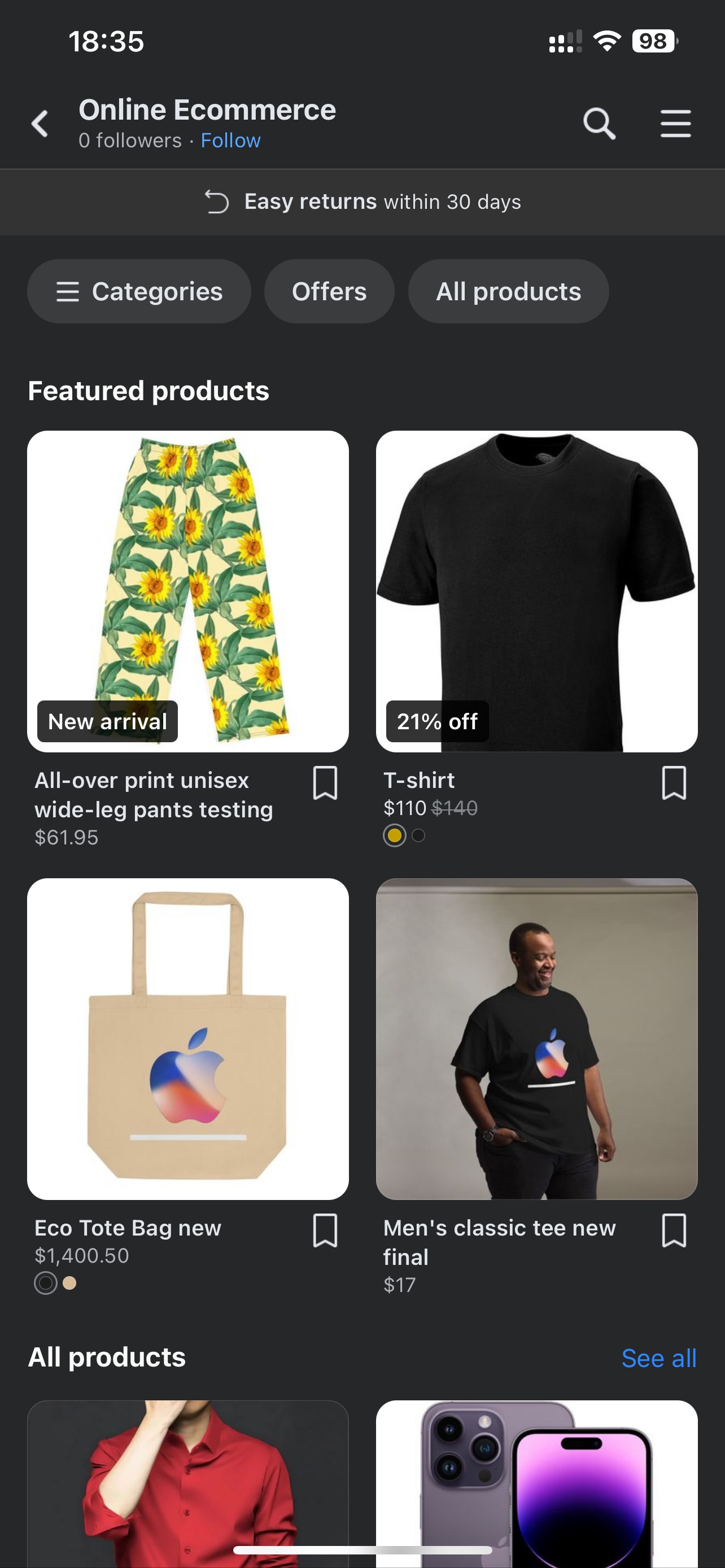 Facebook and Instagram Shops Setup – Preview of Facebook shop: