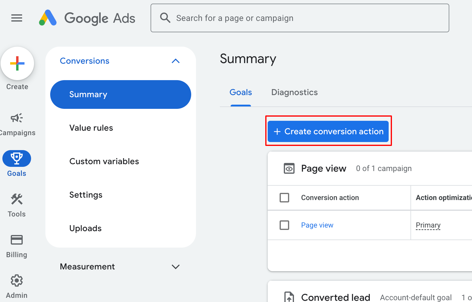 How to setup Google ad conversion action – Step 1: Head into your Google Adwords account and click on the Goals section and click on Conversions - Summa…