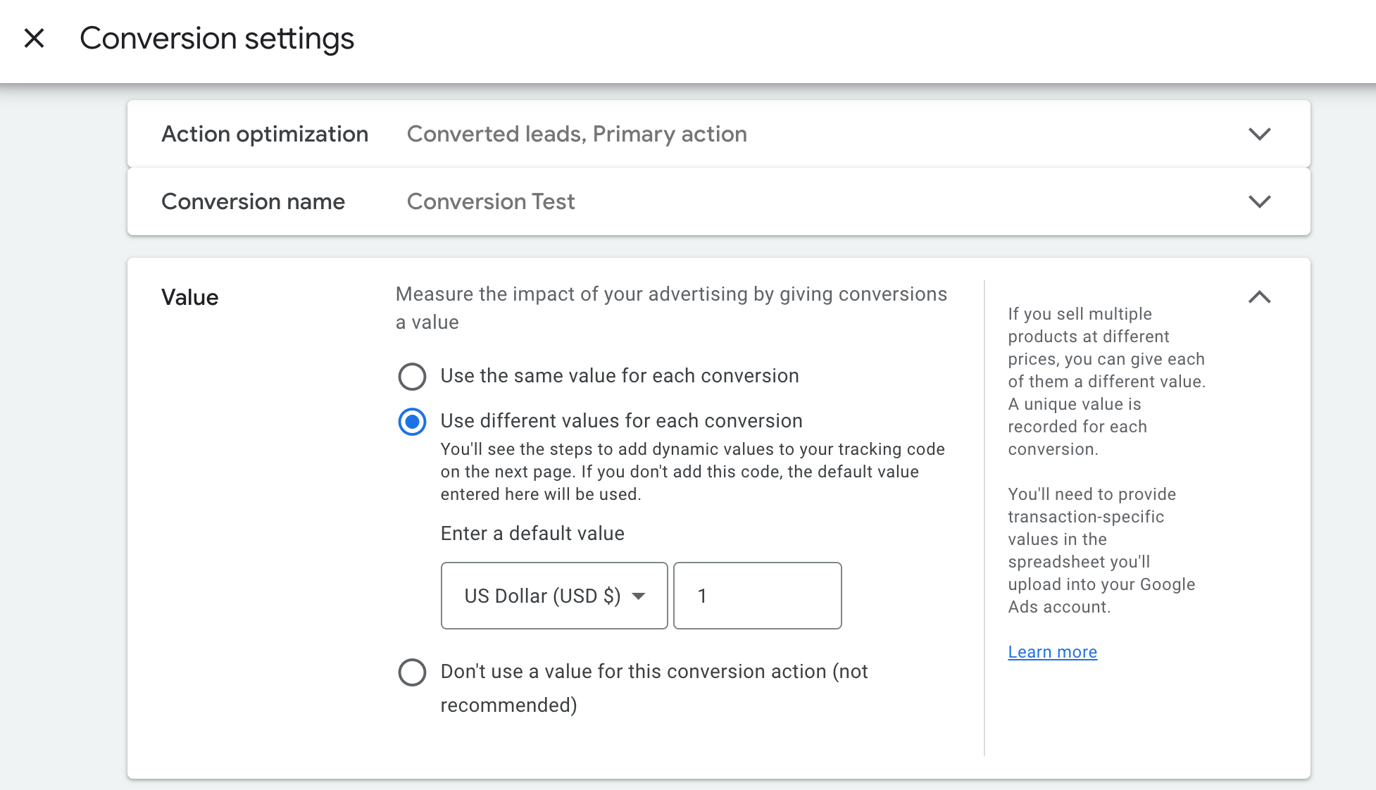 How to setup Google ad conversion action – Step 5: Select the value for your conversion