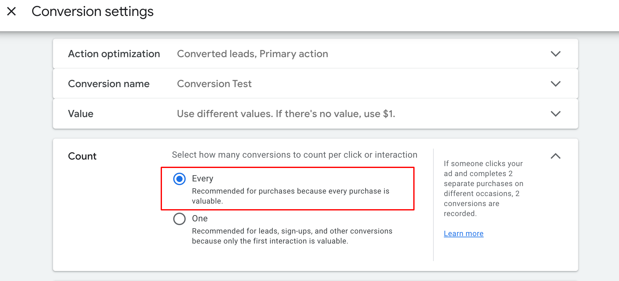 How to setup Google ad conversion action – Step 5: Select the value for your conversion