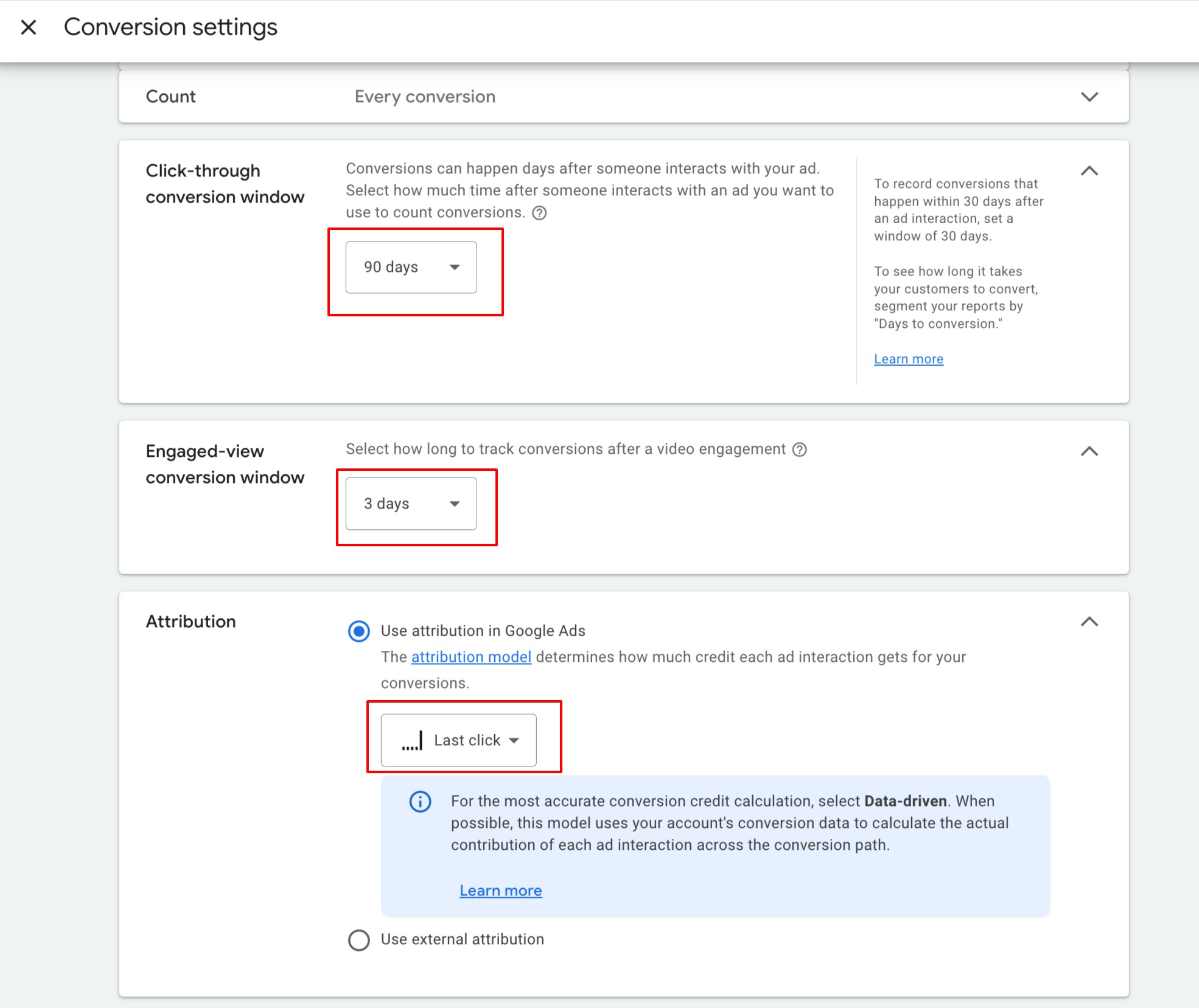 How to setup Google ad conversion action – Step 6: Setup the conversion window and attribution model