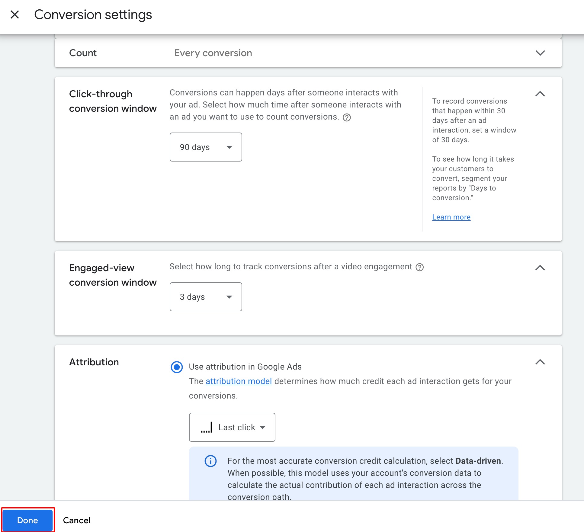 How to setup Google ad conversion action – Step 6: Setup the conversion window and attribution model