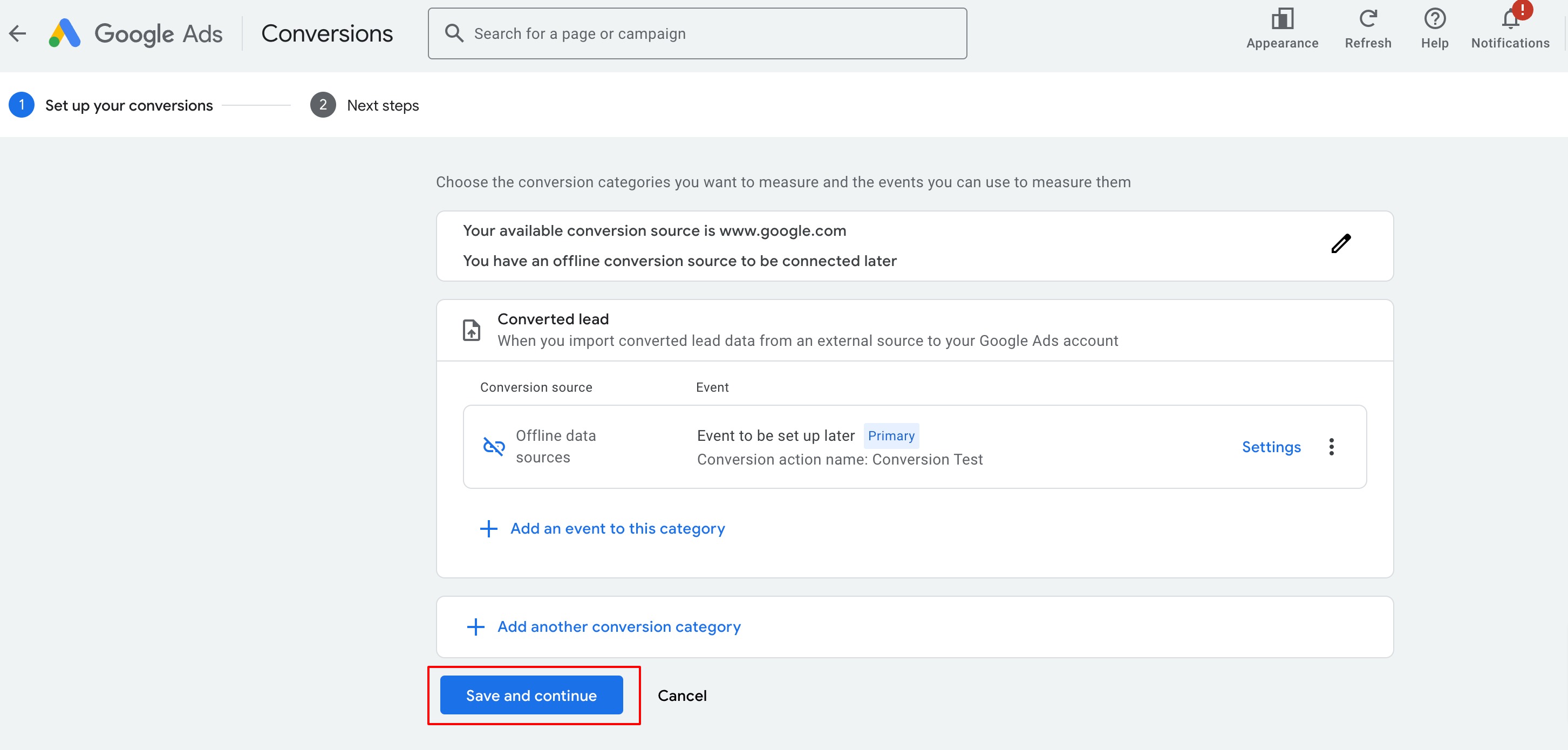 How to setup Google ad conversion action – Step 7: Click on Save and continue