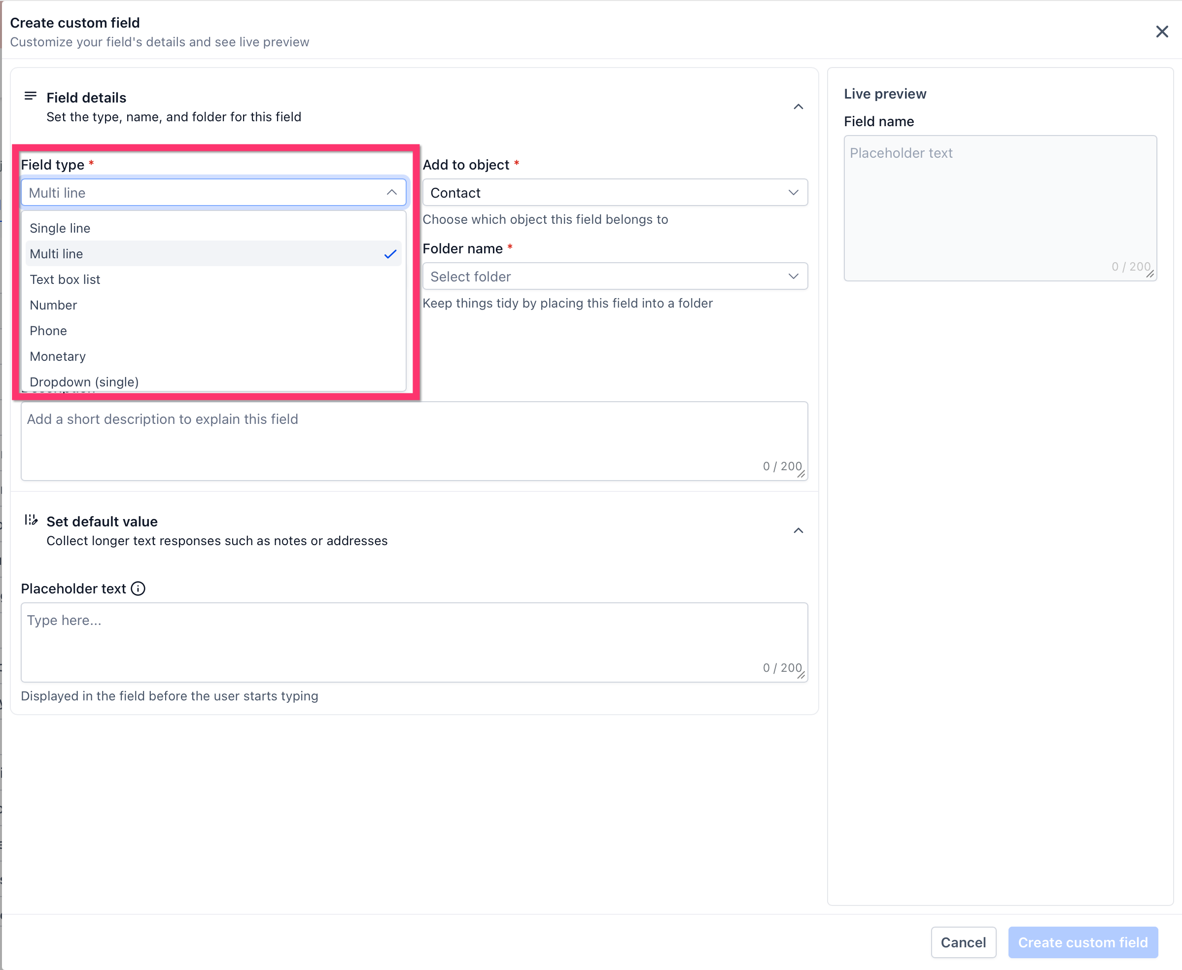 How to Use Custom Fields – Choose the field type you want to create.